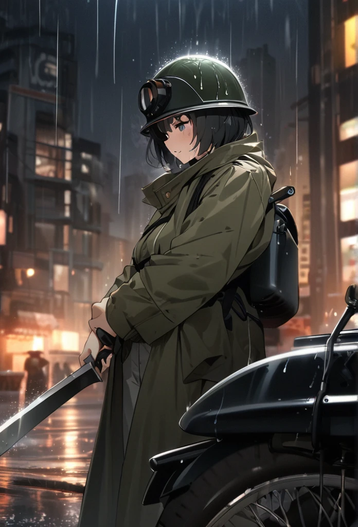 High quality, high definition images, full HD、8k.1 girl solo.old german military uniform,short hair,wear a Pretz helmet,drive a old military motorcycle,Ruined cityscape,military raincoat,It's raining a lot, he's carrying a bayonet on his back,


