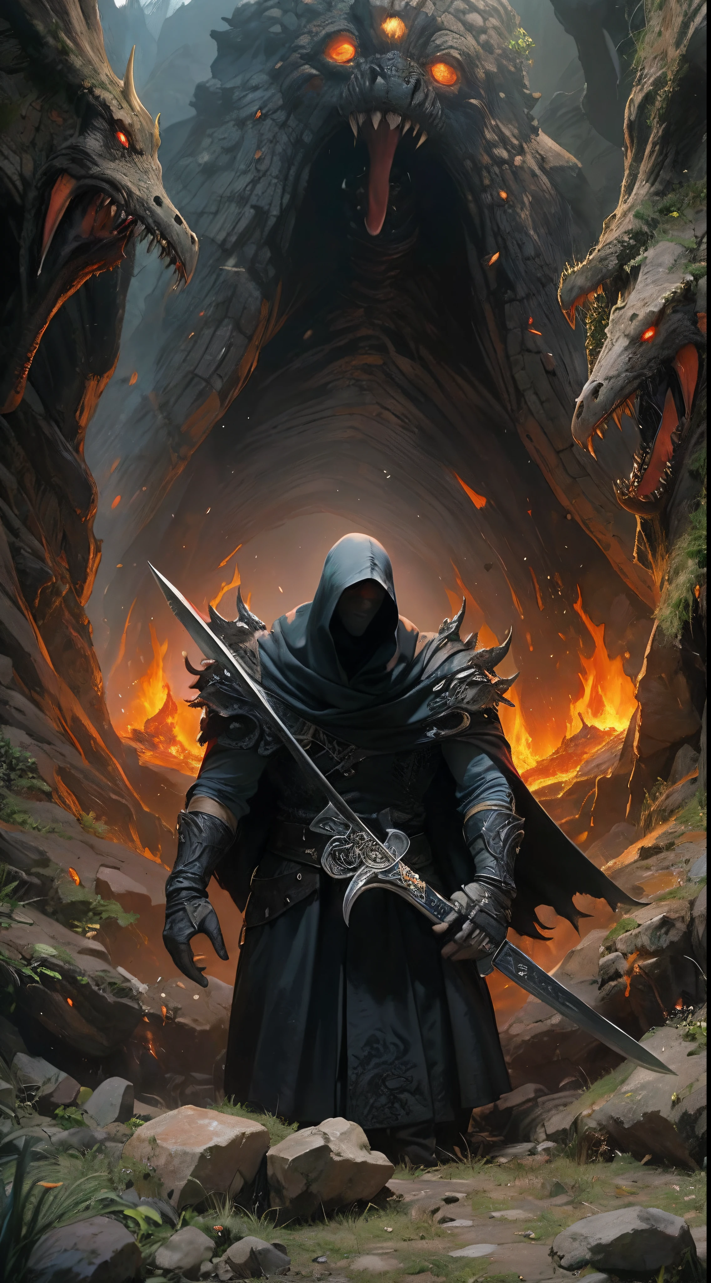 ultra detallado, beautiful and aesthetic, Beautiful, obra maestra , misterio , atmospheric , genial , sobrenatural , La mejor calidad , cueva , 1 hombre , 1 demonic monster , monstruo muy grande , Hombre matando monstruo , The man has a long black hooded robe , He can use magic , El monstruo tiene un cuerno muy grande , Monstruo respira hacer fuego , El hombre tiene una gran espada brillante , fantasy sword , 4 Little monster around the big monster , Magma alrededor del campo de batalla , The battlefield is in Cavern , Toda la cuevaa en llamas , La espada del hombre brilla , Acantilado de mayo y roca en Caverna , Caverna en llamas , (Caverna ultra detallada) , (Magma ultra detallado) , (Cara de hombre ultra detallada) , (Espada ultra detallada) , (Monstruo ultra detallado)