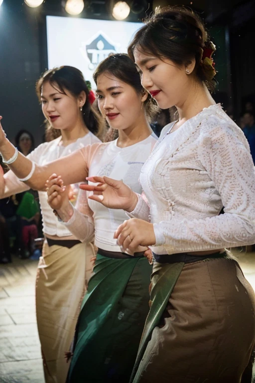 highres,(best quality,ultra-detailed,realistic:1.2),vibrant colors,soft lighting,3 school teachers performing at school assembly festival,beautiful detailed faces,traditional costumes,joyful expressions,traditional dance,musical instruments on stage,dynamic movements,traditional decorations,bright colors,exquisite hand gestures,lively atmosphere