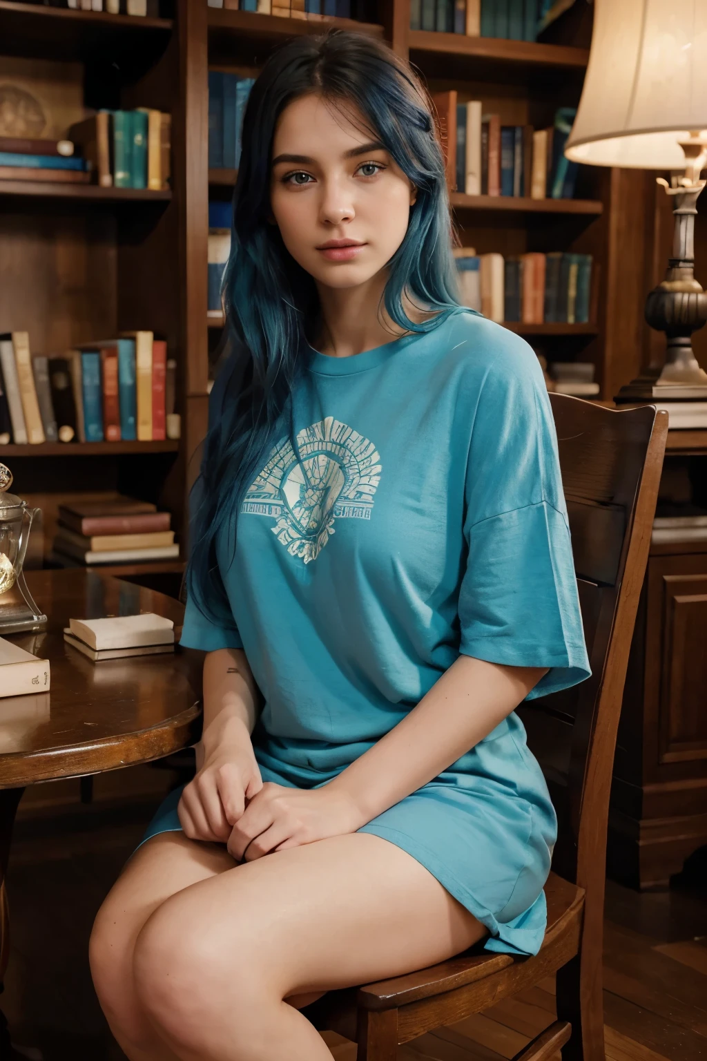 Beautiful blue haired woman with intense, realistic light blue eyes and light freckles. She is 20 years old and has a slender figure. Her eyes have a high contrast, capturing attention with their depth and intensity. The scene is set in either a cozy bookstore or a grand library, where she can be seen wearing an oversized t-shirt, creating a sense of comfort and relaxation.
In terms of material, I would like the artwork to have the appearance of a high-quality illustration or a detailed digital painting. The image should capture a sense of tranquility and sophistication, showcasing the beauty and elegance of the surroundings.
Additional details that could be included are the soft lighting that illuminates the room, casting gentle shadows on the shelves and highlighting the woman's features. The shelves can be filled with books of different sizes and colors, showcasing the knowledge and wisdom they hold. The woman can be shown sitting on a comfortable chair or leaning against a bookshelf, engrossed in reading or lost in her own thoughts.
For image quality, I would like the prompt to include tags such as "best quality, high resolution, ultra-detailed," indicating that the final artwork should be of exceptional quality, allowing viewers to appreciate the intricate details and textures. Additionally, keywords like "realistic" and "photorealistic" should emphasize the lifelike qualities of the artwork.
The overall style of the artwork can be described as a mix of traditional and contemporary, highlighting the beauty of both the subject and the setting. The color palette can consist of various shades of blue, creating a serene and harmonious atmosphere. The lighting should be carefully designed to enhance the mood and ambiance, adding depth and dimension to the scene.
With all these elements combined, the prompt will guide Stable Diffusion to generate a high-quality image of a blue-haired woman immersed in the cozy ambiance of a bookstore or grand library, capturing