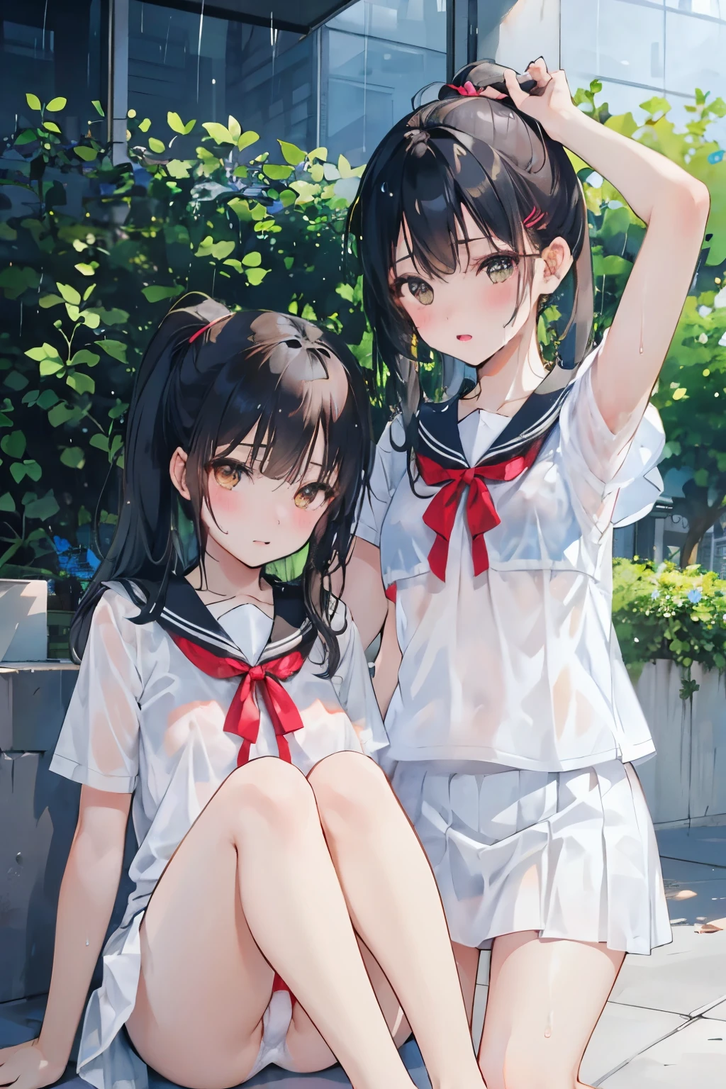 realistically, 2 girls, twintail, 1 ponytail, brown eyes, glowing eyes, white short skirt, Blush, daytime, Wet from the rain, see through, Strapless shirt, nipples, Sit with your knees raised., pussy, , crotch, pee, armpit,