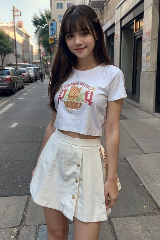 masterpiece, 1girl, , beautiful bangs, full body image, wearing a skirt and a shirt, in the streets eating a cone ice cream, photo from phone, casual photo, beautiful eyes, beautiful facial structure, realistic, smiling, cute, asian