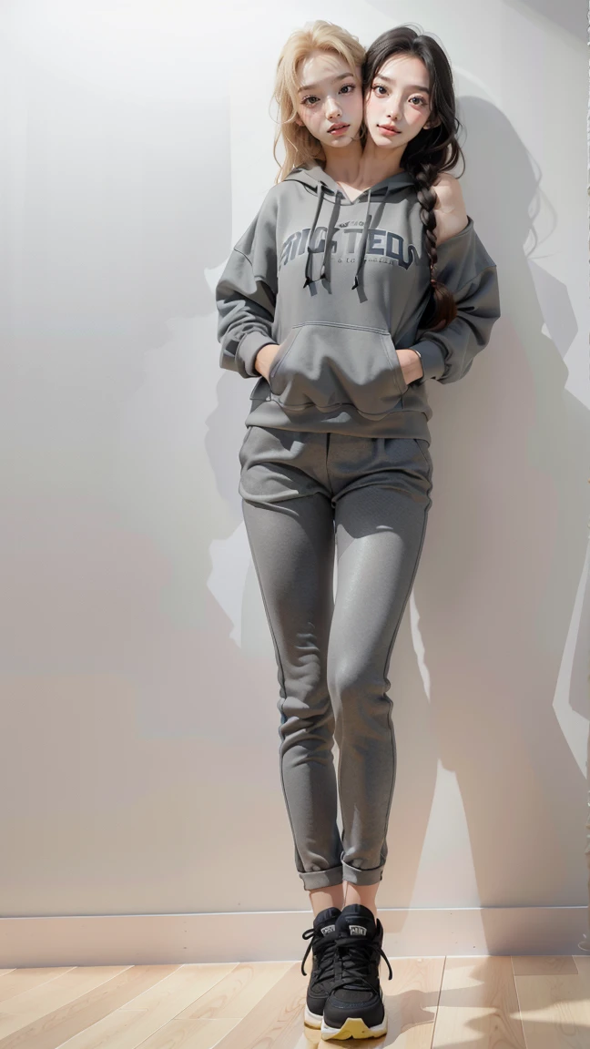 best resolution, 2 heads, Australian girl Instagram model girl two heads, 19 years old, youthful, wearing a gray sweater and black leggings, cute sportswear, gray hoodie, sports clothing, full body wide shot, full body length shot, sport clothing, full-body-shot, full - body shot, full-body shot, grey hoodie, girl wearing hoodie, full-body, full product shot, fashion model, gorgeous young model, braided hair, blonde hair, red hair, black hair, different hair colors, full body shot