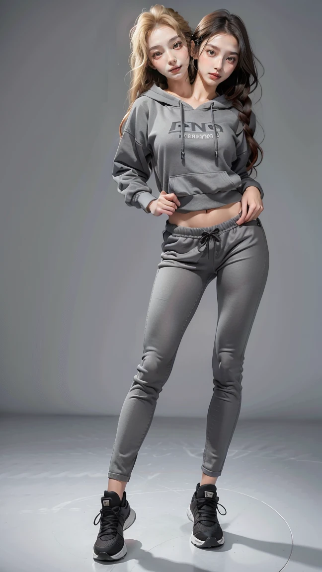 best resolution, 2 heads, Australian girl Instagram model girl two heads, 19 years old, youthful, wearing a gray sweater and black leggings, cute sportswear, gray hoodie, sports clothing, full body wide shot, full body length shot, sport clothing, full-body-shot, full - body shot, full-body shot, grey hoodie, girl wearing hoodie, full-body, full product shot, fashion model, gorgeous young model, braided hair, blonde hair, red hair, black hair, different hair colors, full body shot