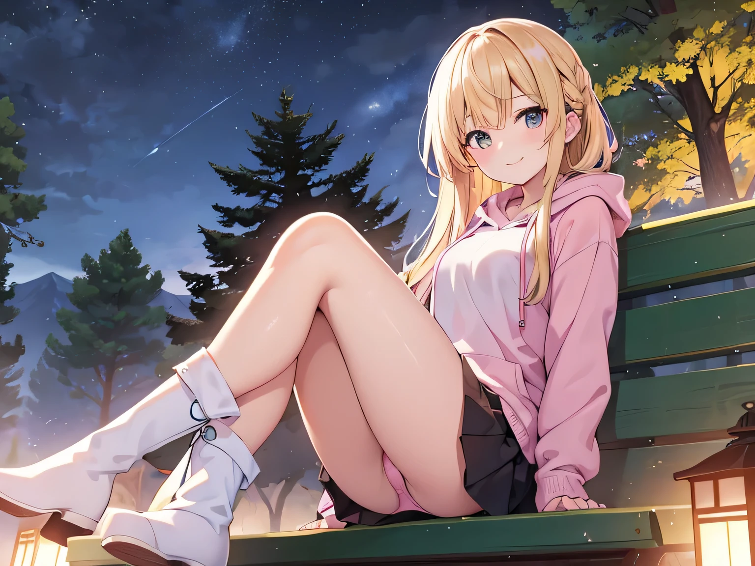 (Masterpiece, highest quality, high resolution, realistic photo, realistic skin:1.1),.
(Woman sitting on park bench late at night:1.5),
(Woman has her legs crossed and her panties are visible:1.8),
(smiling expression:1.5),
(woman wearing a red long-sleeved hoodie:1.5),
(wearing a navy blue pleated miniskirt:1. 5),
(wearing brown knee-length boots on both feet:1.8),
(panties are simple pink cotton: 1.5),
(Long blond hair: 1.5),
(Young face: 1.5),
(Location: park bench surrounded by trees late at night: 1.5),
1 Japanese female, solo, full-bodied Esbian, beautiful eyes, glowing eyes, glowing thighs, NSFW.