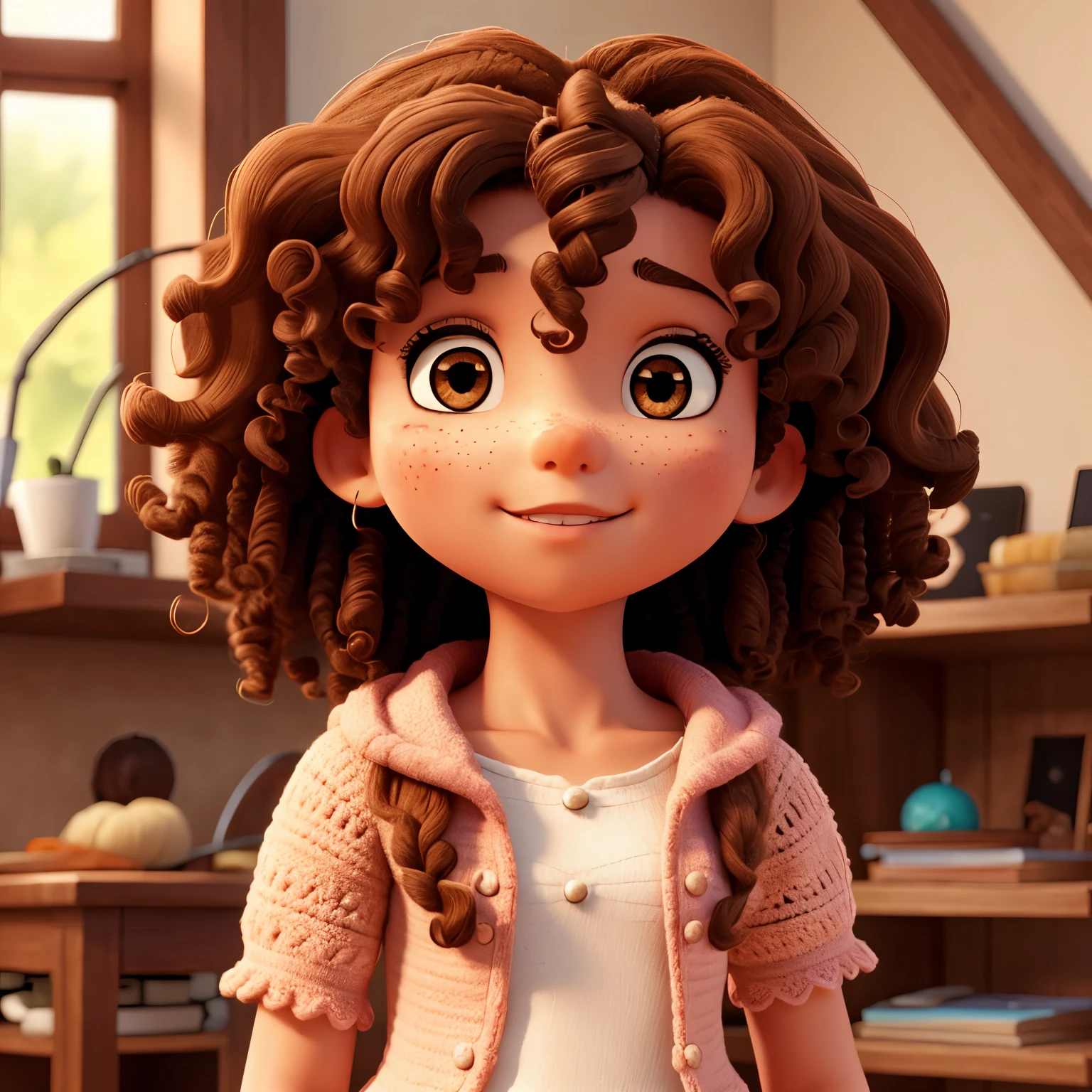 Girl with brown and curly hair with crochet lines