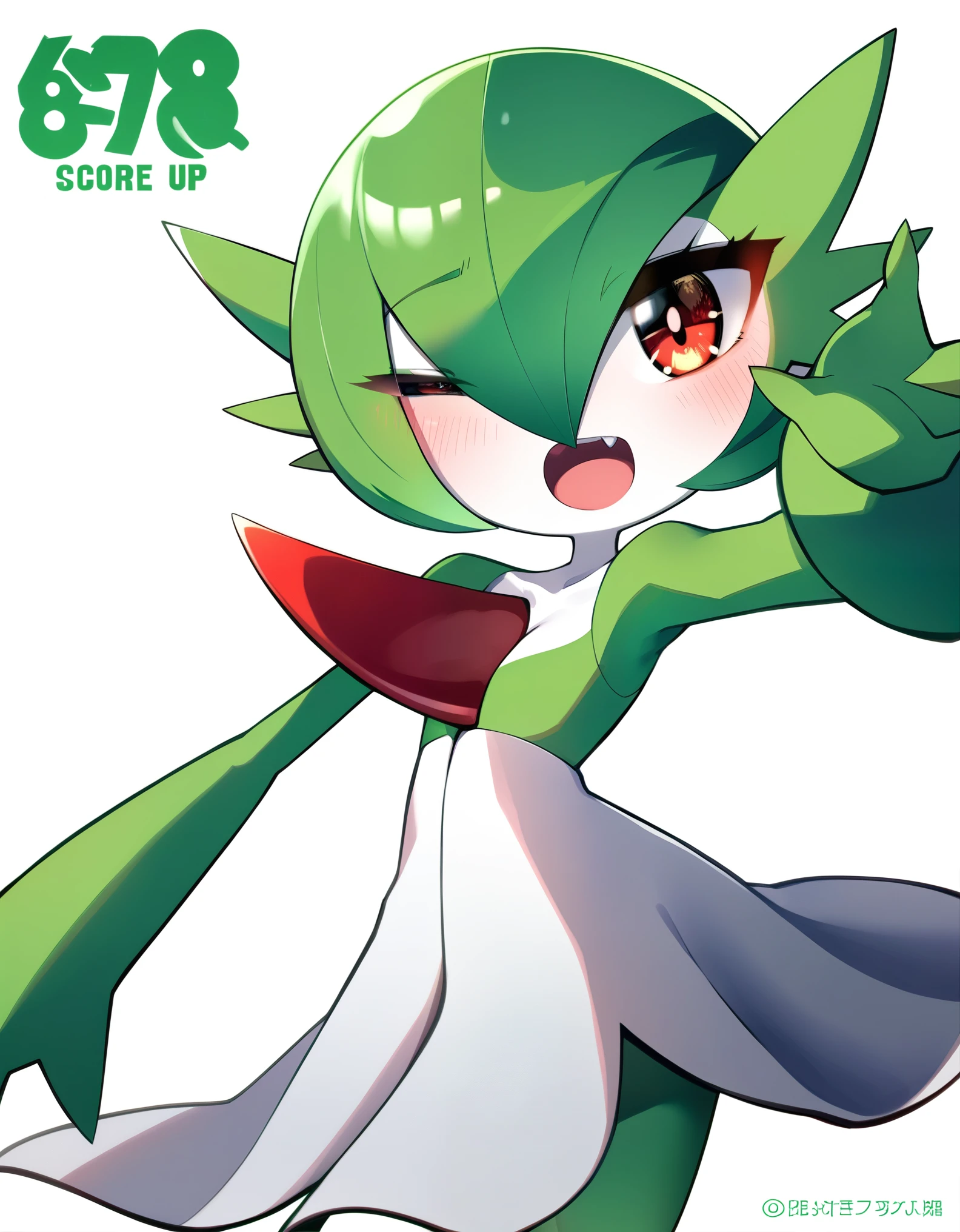 score_9_up, score_8_up, score_7_up, source_anime, (masterpiece, perfectly detailed, detailed face, detailed eyes, beautiful eyes), PokeMaster_PS, gardevoir_pokemon, gardevoir, green skin, pokemon (creature), open mouth, red eyes, hands up, green hair, short hair, 1girl, hair over one eye, bangs, claw pose, two-tone skin, flat chest, bob cut, artist name, looking at viewer, shiny hair, fang, standing, watermark, one eye covered, tongue, blush, teeth, 