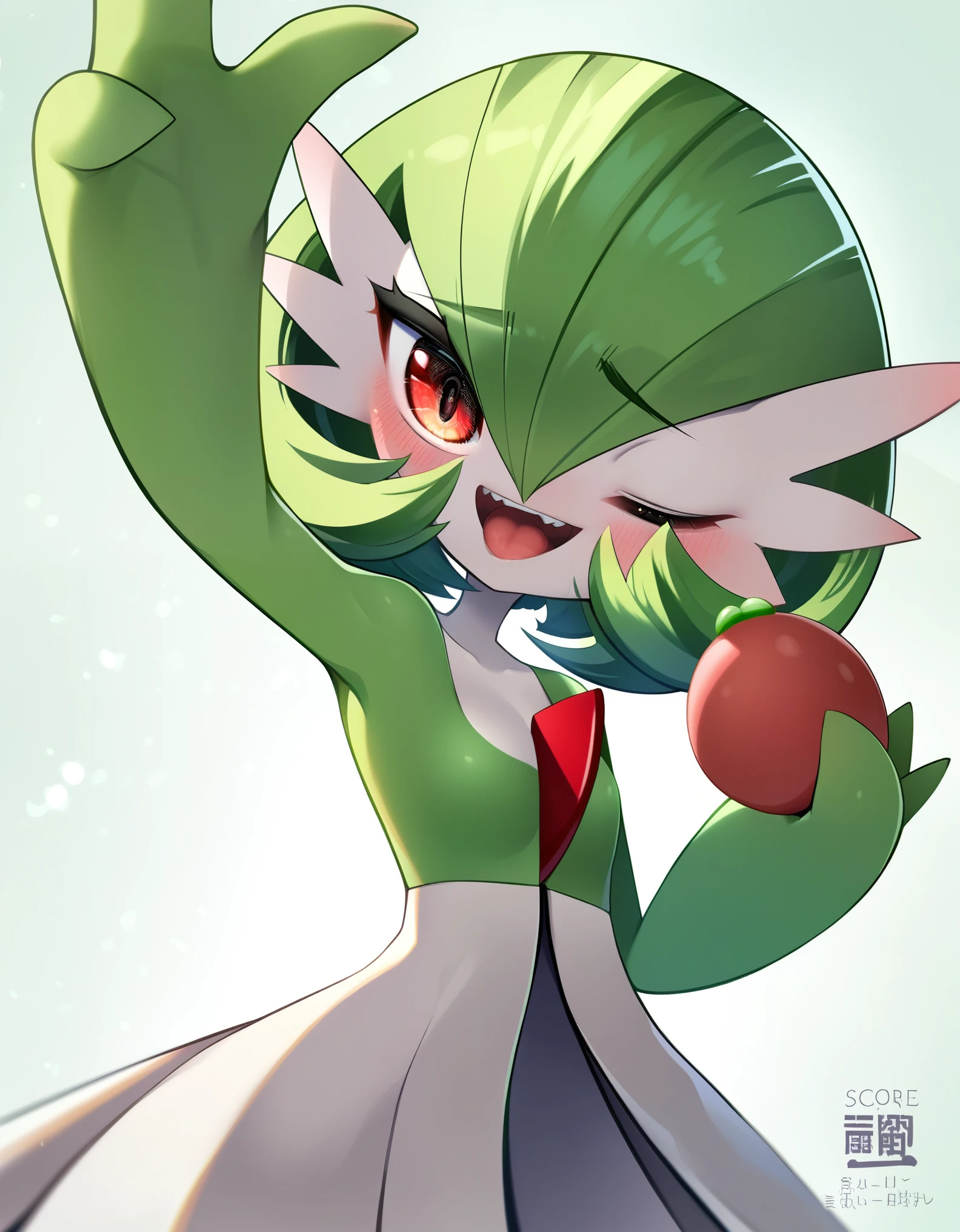 score_9_up, score_8_up, score_7_up, source_anime, (masterpiece, perfectly detailed, detailed face, detailed eyes, beautiful eyes), PokeMaster_PS, gardevoir_pokemon, gardevoir, green skin, pokemon (creature), open mouth, red eyes, hands up, green hair, short hair, 1girl, hair over one eye, bangs, claw pose, two-tone skin, flat chest, bob cut, artist name, looking at viewer, shiny hair, fang, standing, watermark, one eye covered, tongue, blush, teeth, 