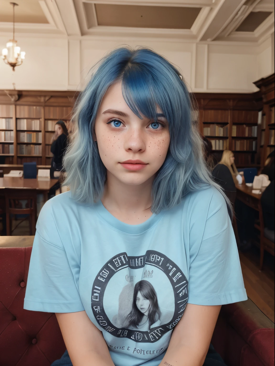 blue haired  girl, 20 year old woman, intenste realistic light blue eyes, light freckles, high contrast eyes, slim, Location: Cozy bookstore or grand library, in a oversized tshirt