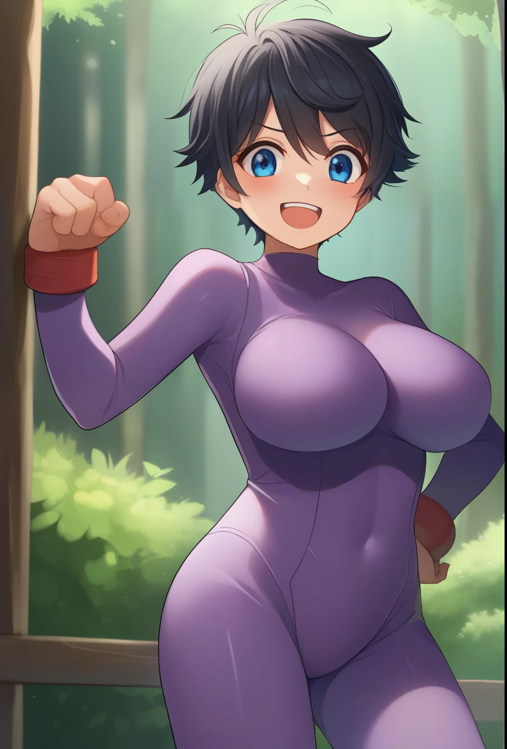 score_9, score_8_superior, score_7_superior, evaluation_Safety, alone, 1 girl,looking at the viewer,Purple bodysuit, big breasts.short hair,spike hair,boyish hair,black hair,blue eyes,blush,videl,forest,smirk,Standing,open your mouth wide,shy,Looks happy,smile,Standing,put your hands on your hips,((老人の顔のsuperiorにお尻を置く:1.4))