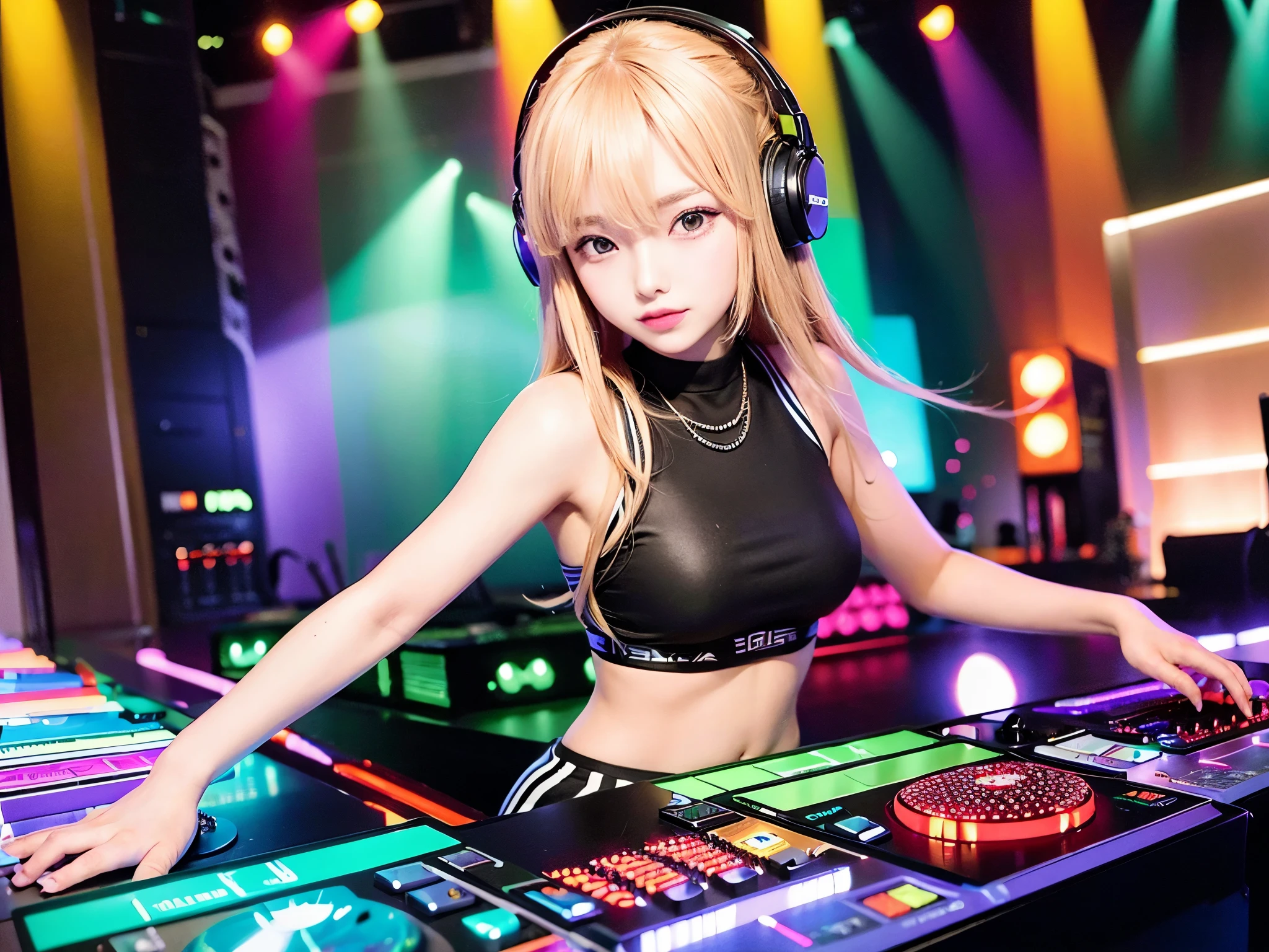best quality, surreal, super detailed, solo female, dj girl, dj console, dj headphones, real photos, 8k, realistic eyes, detailed face, upper body:1.4, looking at audience, facing audience, disco lights,1 girl,((she is playing the dj console )),
