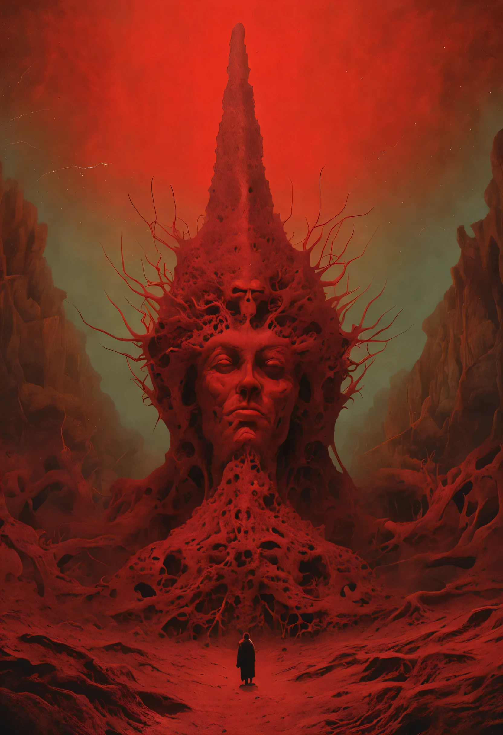 mythology creatures, by zdzislaw beksinski and van gogh, album cover art, rome, surrealism, futuristic ,satan, coral, wizard, abstract, dark, red, hell, landscape