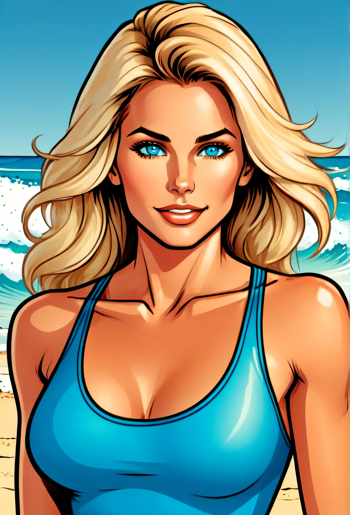 Wave Art Style, 1girl,
Flat colors,close-up, portrait,  of a 25 year old surfer looking girl, tan skin, ([blue eyes]) Beach blonde salty hair, natural beaty, beautiful, casual, blue tank top, masterpiece, (([Simple grey background]))

