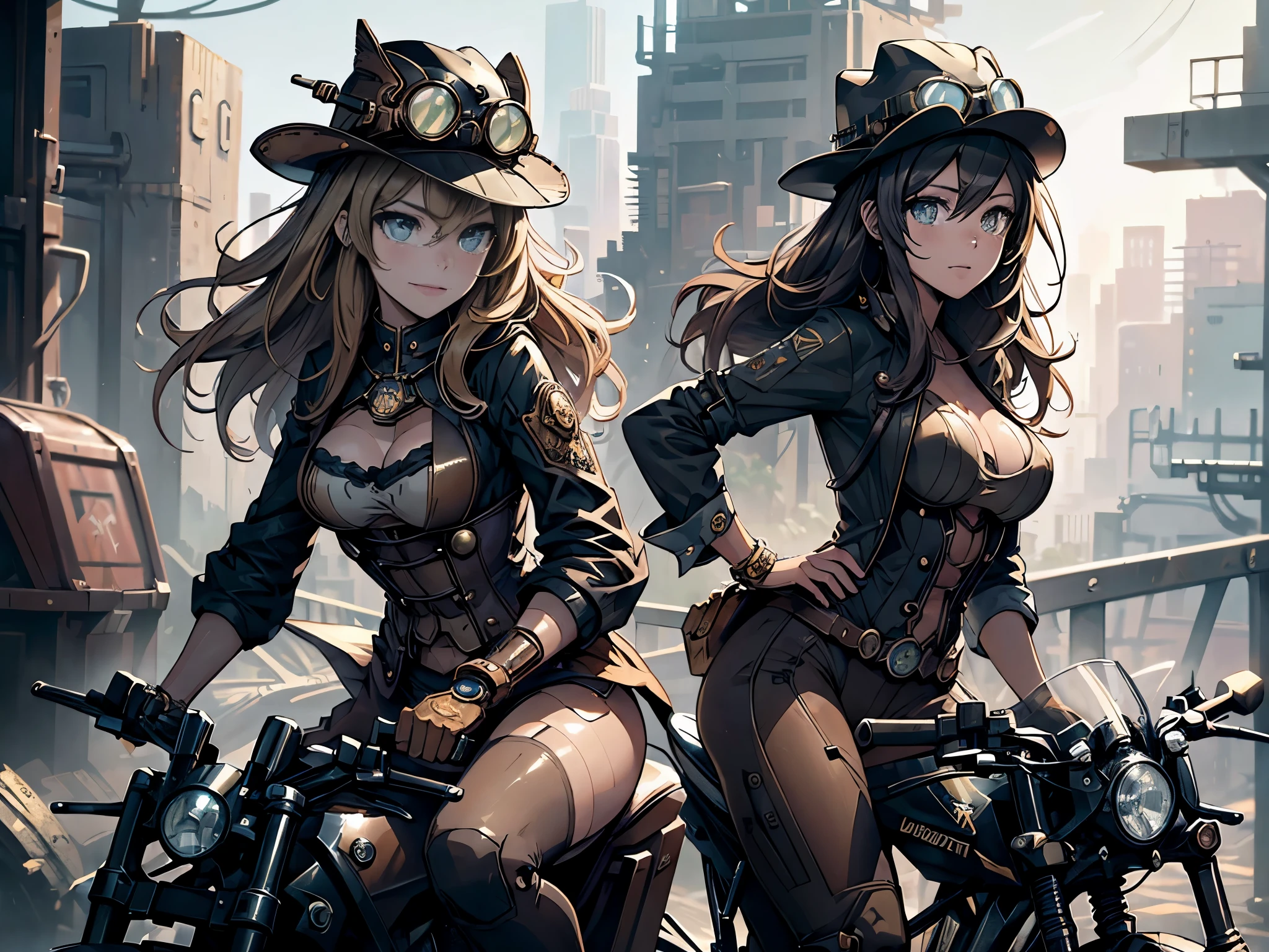 (comic book style),(line drawing_anime),(cowboy shot, highest quality, ),(Laura Budd Photos:1.2),(Laura Add Details:1.0),8K, flat color:0.8,dynamic angle,1 girl,smile、(Steampunk bike ride 1.5)、Exquisitely decorated motorcycle、(Highly decorative and complex mechanical steampunk fashion, lace flare dolphin hat、goggles 1.5、machinery background、Gear background、Intricately mechanized steampunk cityscape 1.5),