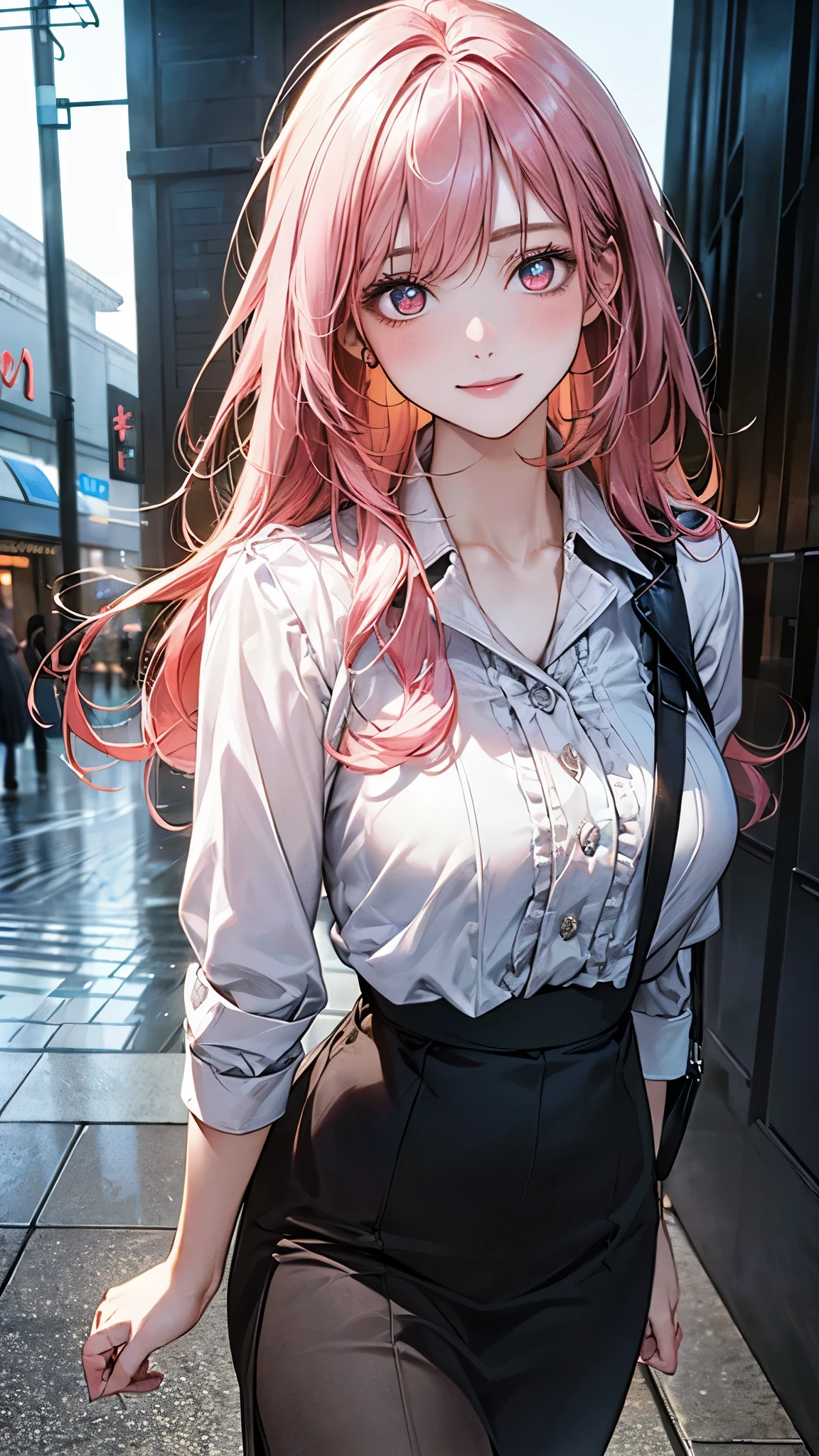 (masterpiece:1.2, top-quality), (realistic, photorealistic:1.2), beautiful illustration, (natural side lighting, movie lighting), ,
looking at viewer, 1 girl, japanese, 23 years old, perfect face, cute and symmetrical face, shiny skin,
(long hair:1.5, messy hair:1.6, pink hair), crossed bangs, red eyes, long eye lasher, (large breasts), slender,
beautiful hair, beautiful face, beautiful detailed eyes, beautiful clavicle, beautiful body, beautiful chest, beautiful thigh, beautiful legs, beautiful fingers,
((white collared blouse, dark drown trench skirt), ),
(beautiful scenery), evening, (shopping mall), walking, (seductive smile, upper eyes),