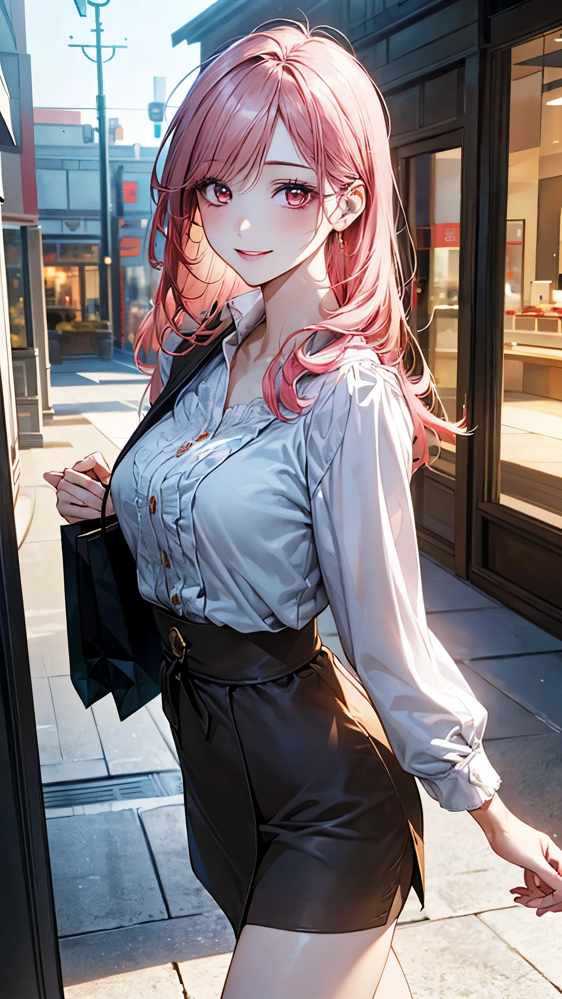 (masterpiece:1.2, top-quality), (realistic, photorealistic:1.2), beautiful illustration, (natural side lighting, movie lighting), ,
looking at viewer, 1 girl, japanese, 23 years old, perfect face, cute and symmetrical face, shiny skin,
(long hair:1.5, messy hair:1.6, pink hair), crossed bangs, red eyes, long eye lasher, (large breasts), slender,
beautiful hair, beautiful face, beautiful detailed eyes, beautiful clavicle, beautiful body, beautiful chest, beautiful thigh, beautiful legs, beautiful fingers,
((white collared blouse, dark drown trench skirt), ),
(beautiful scenery), evening, (shopping mall), walking, (seductive smile, upper eyes),