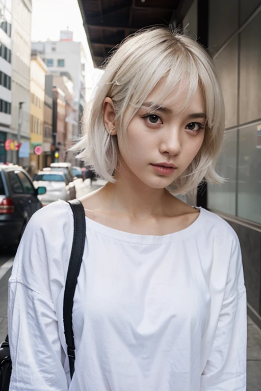 Plano detalle, Young woman of 20 years, asian girl, asian factions, French Bob style hair, dyed white hair, ojos marrones, Looking at the camera, retrato fotorrealista, enorme detalle, piel blanca, ropa de calle, cara ultradetallada, estilo de imagen hiperrealista, en un estudio de fotografia, el fondo es un color uniforme con degradado, luz central, luz realista, fotografia profesional, 4K