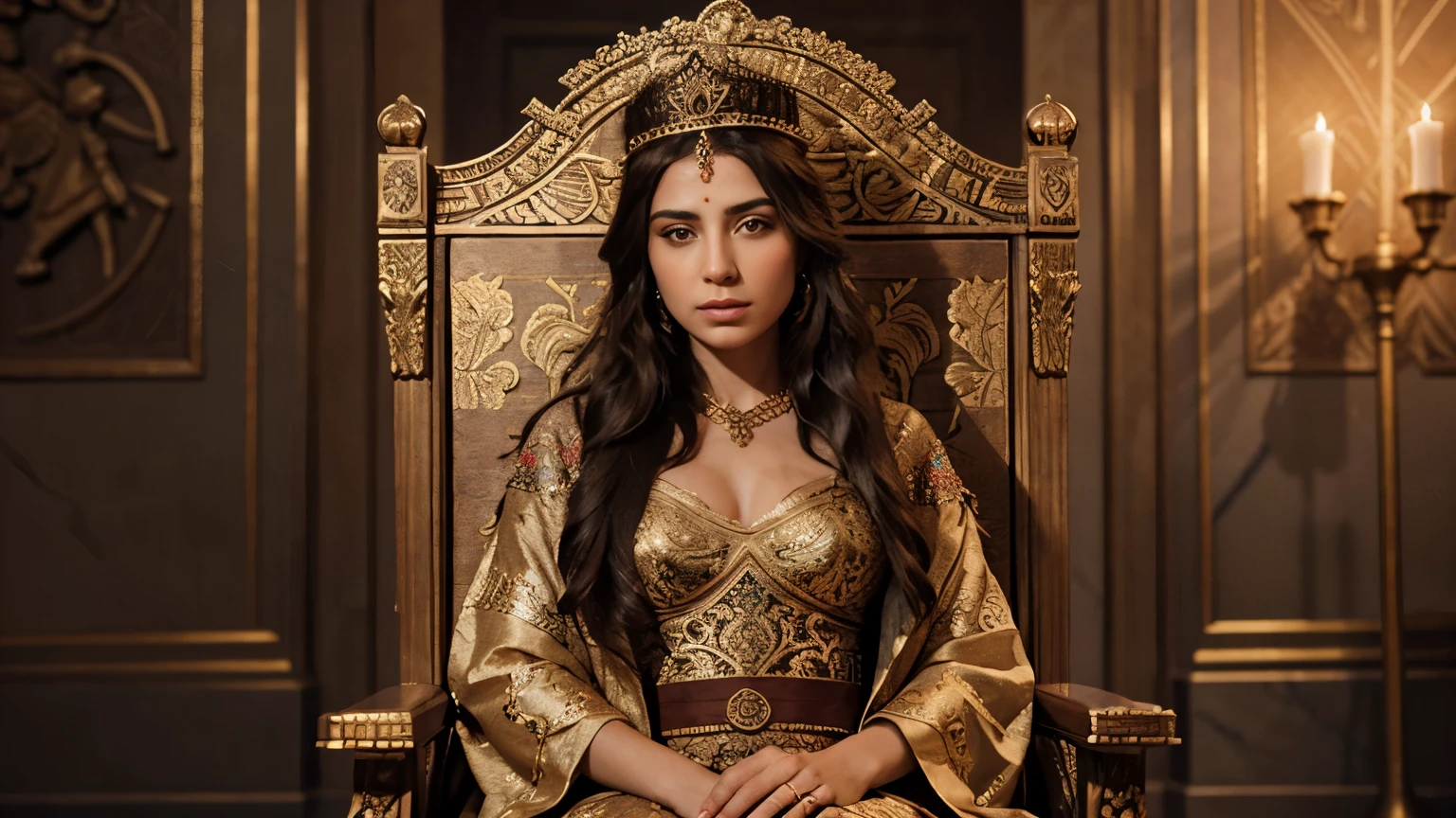 Render a lifelike portrait of Zenobia seated upon her throne in the opulent halls of Palmyra, adorned in intricately embroidered robes that reflect her status as both queen and warrior