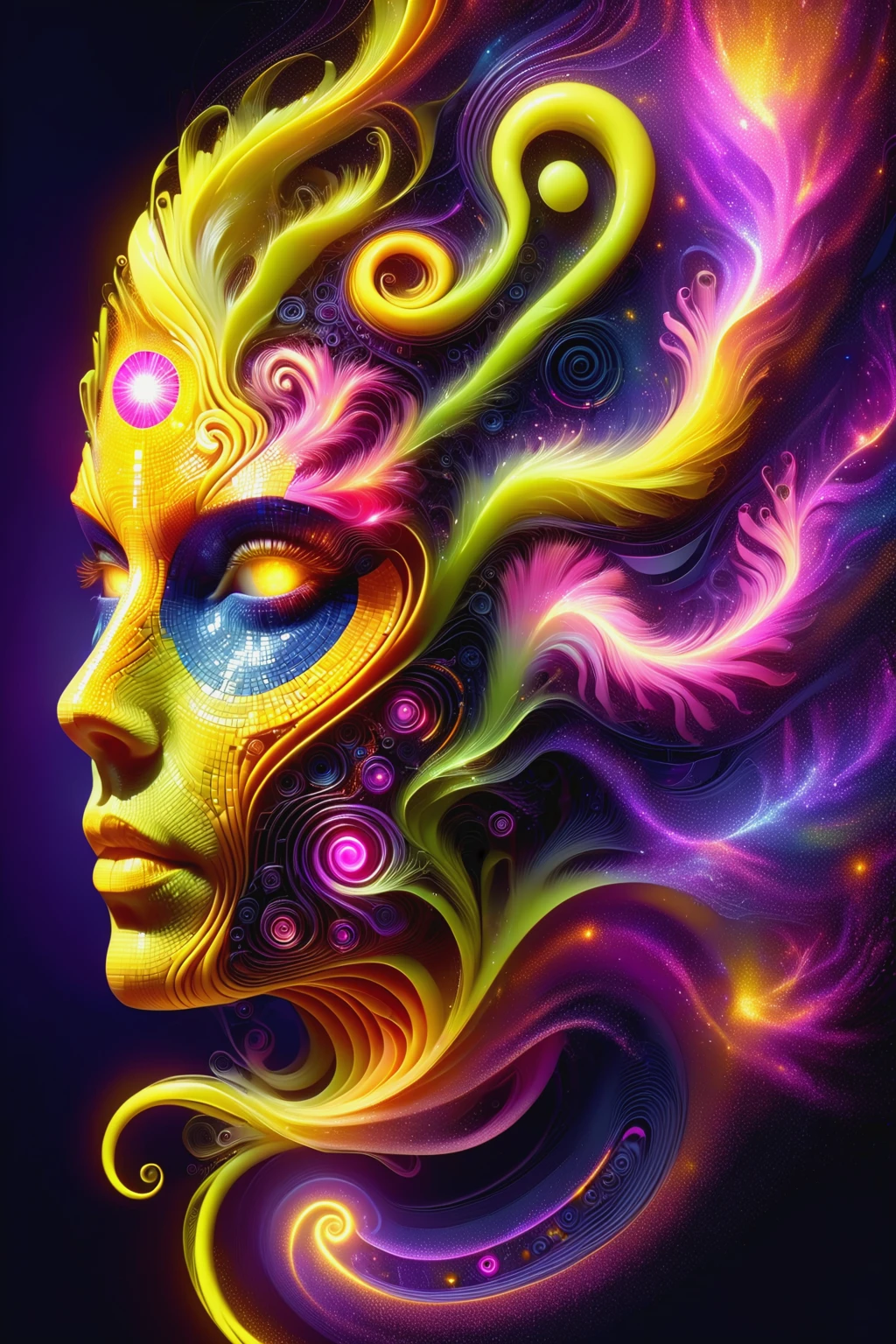 the head of a mad_colored_mosaic cyberpunk woman, DonMW15pXL,neon_yellow, neon_orange, floating arcane astral translucent swirls masterpiece, best quality, ultra high res, (photorealistic, realistic:1.2), deep shadow, raw photo, film grain, Fujifilm XT3, 8k uhd, dslr