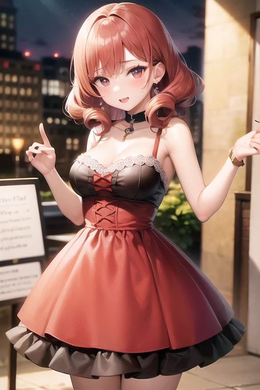 idol, 1girl, ((mature)), (huge breasts), adult woman, masterpiece, absurd, dressed as a j-idol, delicate colors, illustration, bright colors, beautiful, red eye, red hair, hair over one eye, short hair, live stage