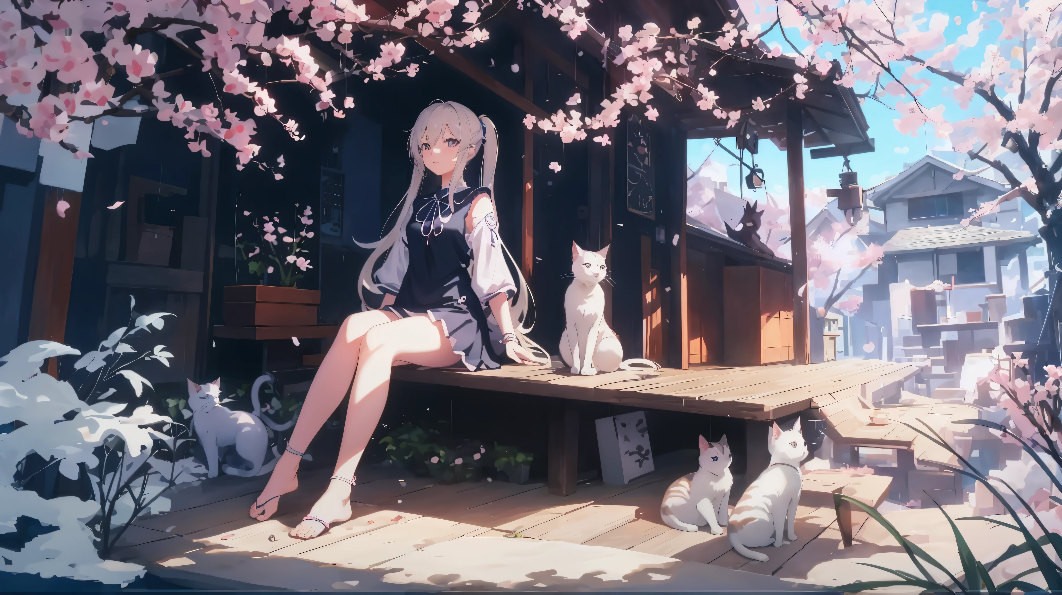 Sitting on the porch、Anime girl with cat in background, anime art wallpaper 4k, Anime Art Wallpaper 4K, anime art wallpaper 8k, beautiful anime scene, Beautiful peace scene in anime, 4k anime wallpaper, anime wallpaper 4k, anime wallpaper 4k, Gwaites style artwork, anime background, anime background art, beautiful anime artwork