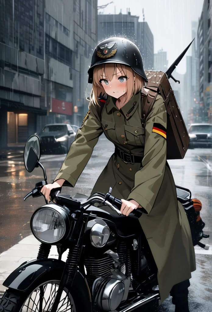 High quality, high definition images, full HD、8k.1 girl solo.old german military uniform,short hair,wear a german military helmet,
drive a old military motorcycle,Ruined cityscape,military raincoat,It's raining a lot, he's carrying a bayonet on his back,