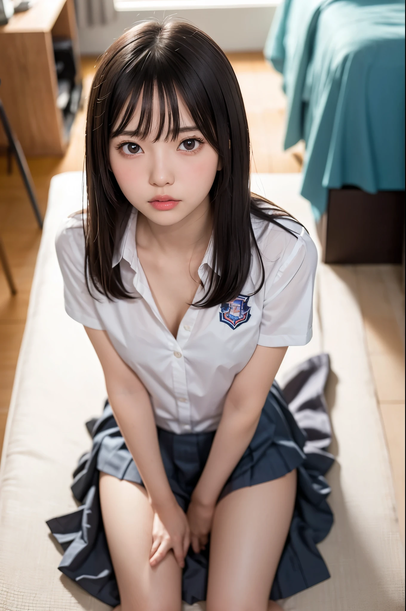 (anatomically correct, perfect body:1.3), professional writing、Detailed workmanship、(high resolution:1.2)、gravure photo、8K, High resolution、(RAW photo, photorealistic:1.2)、best quality, master pieces, slender body shape、high definition face、(Face is in focus、high definition eyes, Moist eyes)、(Focused, symmetrical pupils:1.2)、High-definition and beautiful skin、Firm Skin、natural makeup、gross lip, High-definition hair texture, (japanese woman、high school girl:1.3)、 years olshort hair:1.3), unparalleled beauty、break (high school uniform:1.3) break bedroom, (very embarrassed, blush:1.3)、(shot from above:1.2), (looking at viewer:1.2), (fellatio:1.1), penis