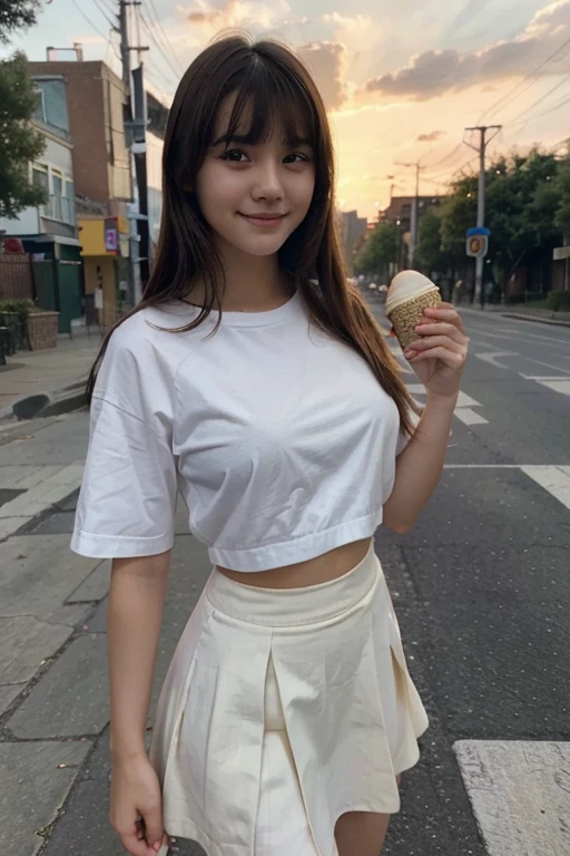 masterpiece, 1girl, 16 year old, beautiful bangs, full body image, wearing a skirt and a shirt, in the streets eating a cone ice cream, photo from phone, casual photo, beautiful eyes, beautiful facial structure, realistic, smiling, cute, Asian, looking at the sunset, not looking at the viewer,