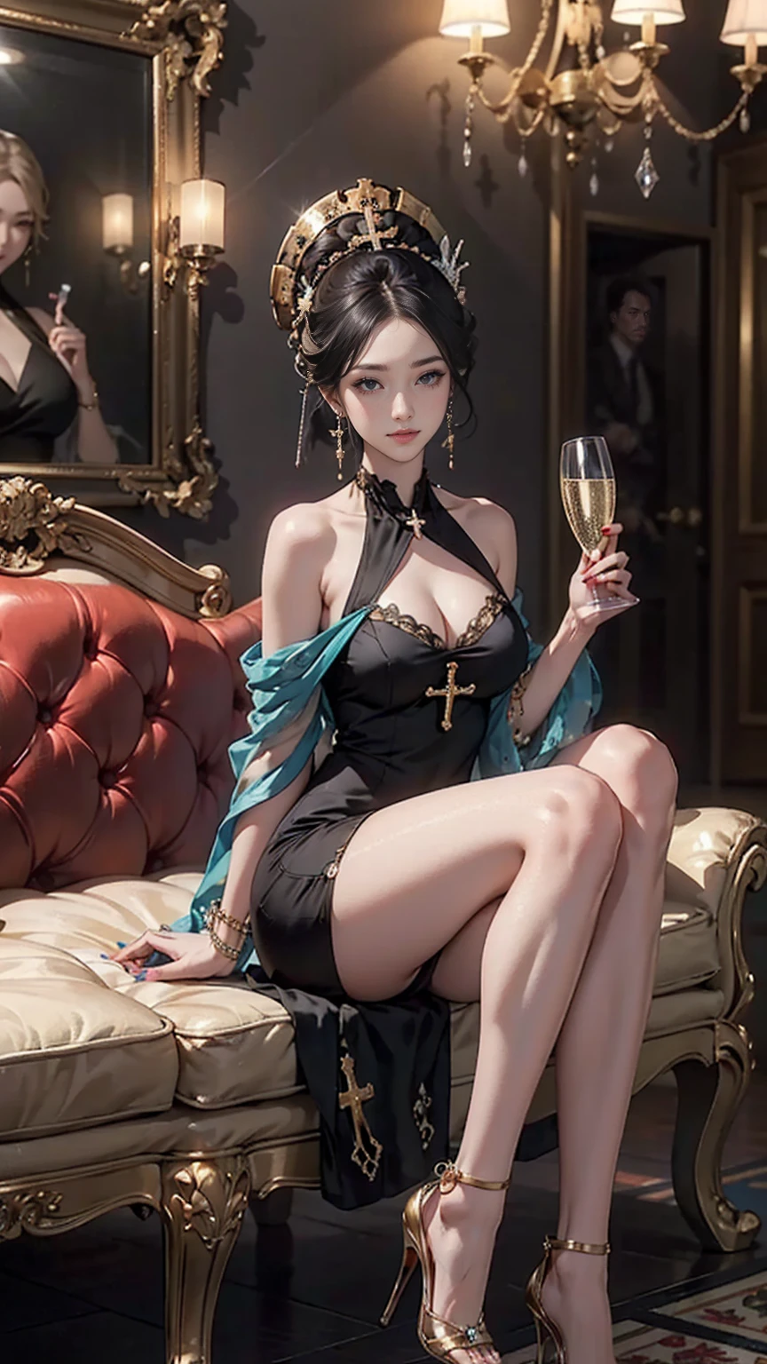 最high quality, 8K, masterpiece: 1.3, Ultra HD, high quality, 最high quality, High resolution, realism)) 、slender、slenderだがアスリートのような細マッチョ、I don&#39;t want my head to disappear from the screen.、Wear accessories on your wrist、Wearing red nail polish、I have a peticure、aerial perspective((atmospheric perspective))、smile((smiley))、background blur((depth of field)、cross halter neck((cross halter neck))Wear a bodycon dress、Wear stiletto heels、crystal earrings((crystal earrings))、Hair behind ears((hair behind ear))、chest pocket、In a high-end brand store、sit on the sofa、cross your legs、Attach cheek cane、Double vertical roll((twin drills))、holding a champagne glass
