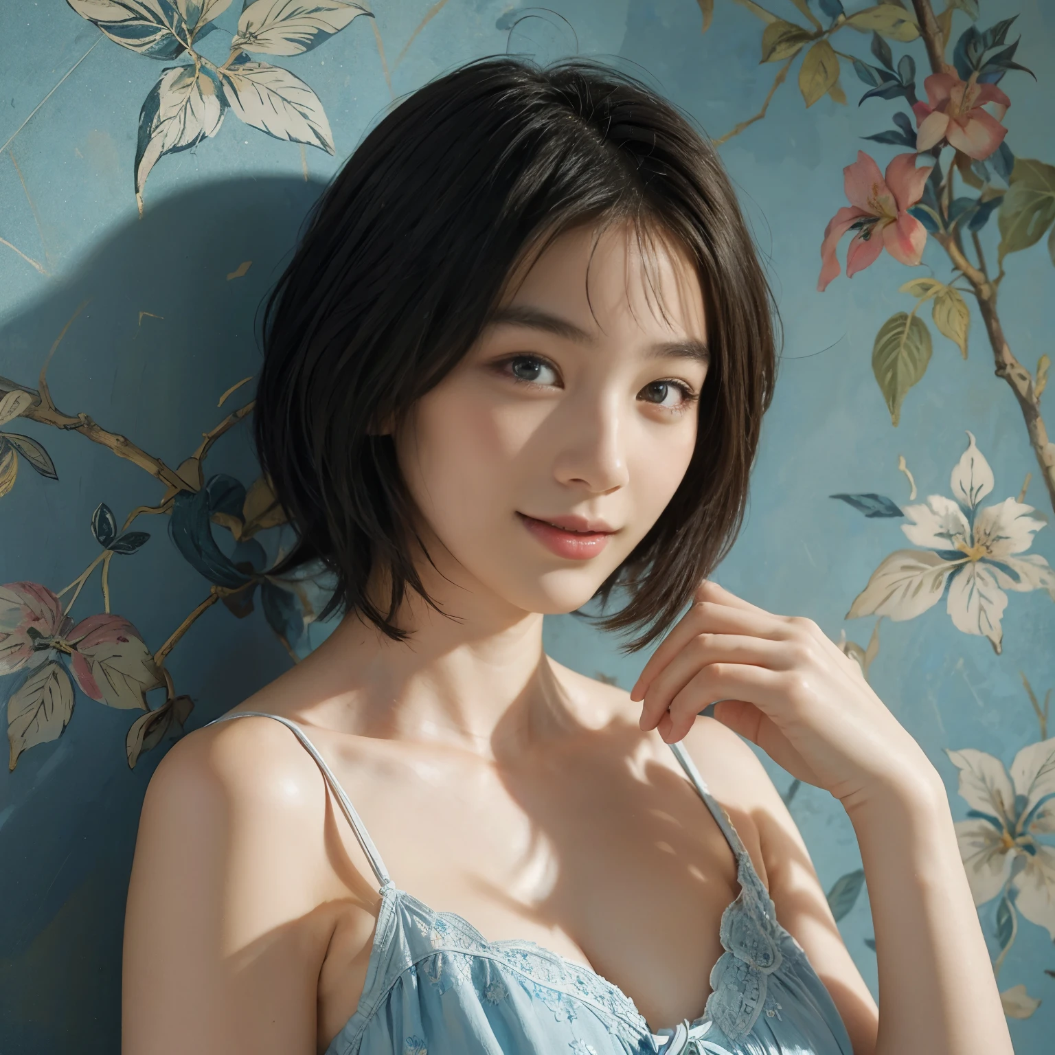 (A hyper-realistic), (illustration), (hight resolution), (8K), (highly detailed), (The best illustrations), (detailed face), (beautiful detailed eyes), (top-quality), (masterpiece), (wall-paper), Upper body close-up, short hair,inner colored, solo, Girl in simple blue underwear, plump breasts, smile