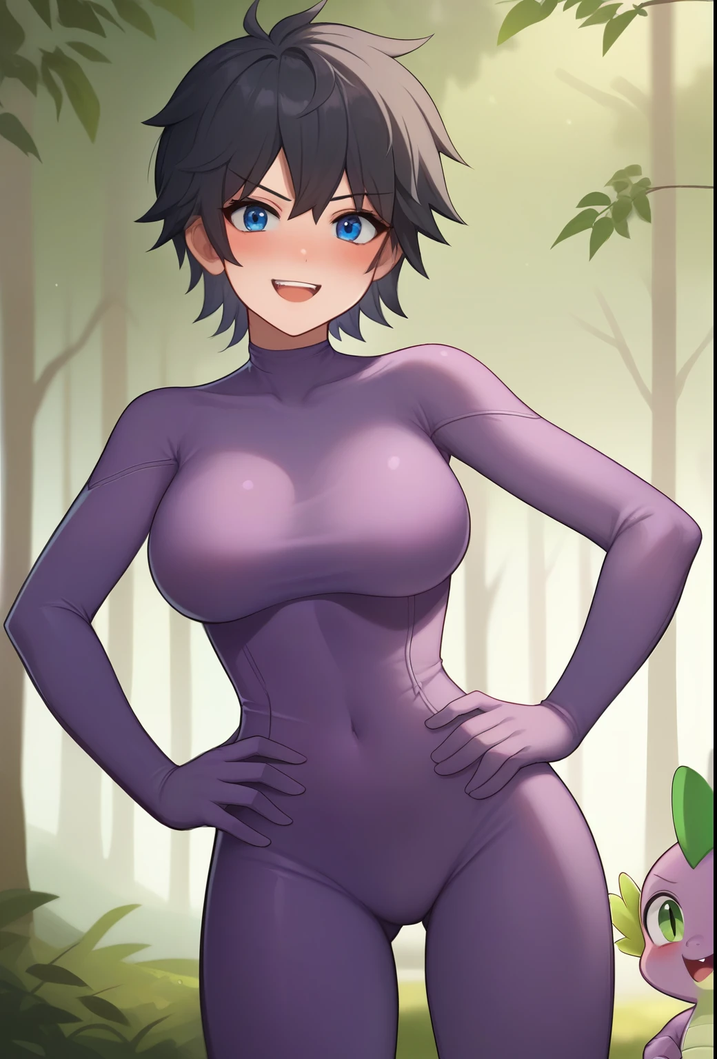 score_9, score_8_superior, score_7_superior, evaluation_Safety, alone, 1 girl,looking at the viewer,Purple bodysuit, big breasts.spike hair,boyish hair,black hair,blue eyes,blush,videl,forest,smirk,Standing,open your mouth wide,shy,Looks happy,smile,Standing,put your hands on your hips,