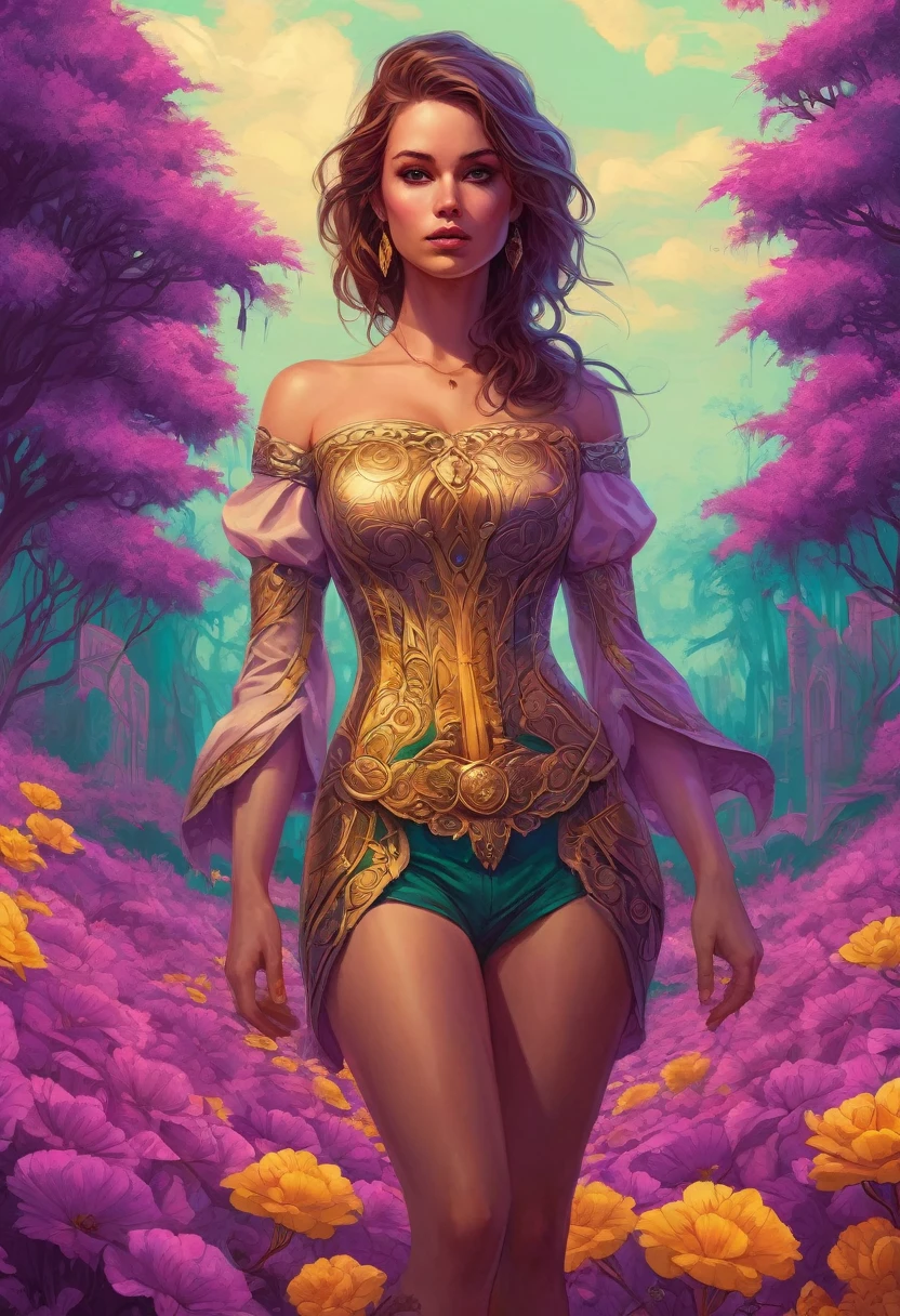 (((Full body shot))), (((bare feet))), (((Standing on the ground))), cartoon version of of (ohwx woman) cartoon character artstation digital painting portrait design by mark brooks and brad kunkle detailed face highly stylized realistic cinematic lighting dramatic shadows fine detail 4k 8K sharp focus high resolution octane render photorealism trending on ArtStation GTA cover page with textured flowers in background beautiful colors blue black red pink green purple violet teal gold white yellow color scheme bright vivid contrast fantasy style beepley artwork