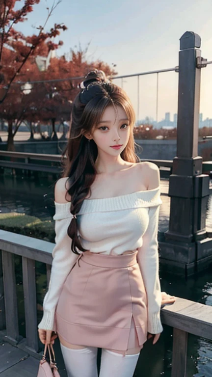 A beautiful Chinese girl wearing an off-shoulder white sweater dress and black pantyhose,Height 160,Weight 45kg,Perfect body,fairer complexion,Oval face,Deep facial features,Long brown hair,A confident smile,A little blush on face,light pink eyeshadow,night time，Posing against the railing on the observation deck,Realistic style,masterpiece