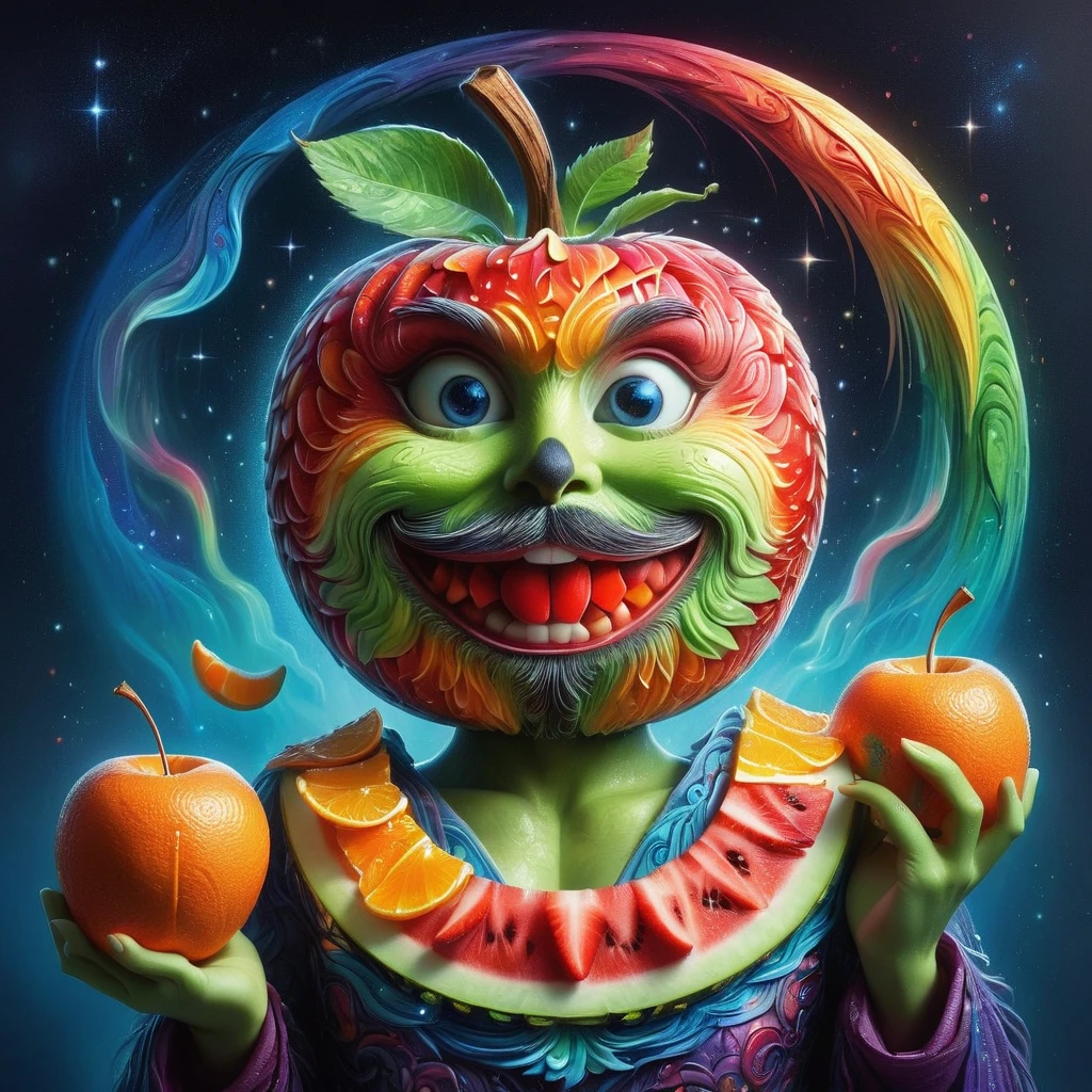 Imaginative depictions of characters made entirely of fruit pulp，The character is standing upright in a casual pose，Maybe one hand holding an apple，Body made of orange，watermelon，kiwi，Strawberries and other colorful fruit slices，A rainbow-like mosaic effect，The face is detailed and expressive，Elegantly shaped with tangerine peel and blueberry eyes，(The background depicts a convenience store at midnight:1.8)，(Bathed in the grey fog of the quiet night), (master level:1.2), Super details, Realistic, (Photorealism:1.3), first-person view, UHD, masterpiece, ccurate, anatomically correct, super detail, best quality, 8k