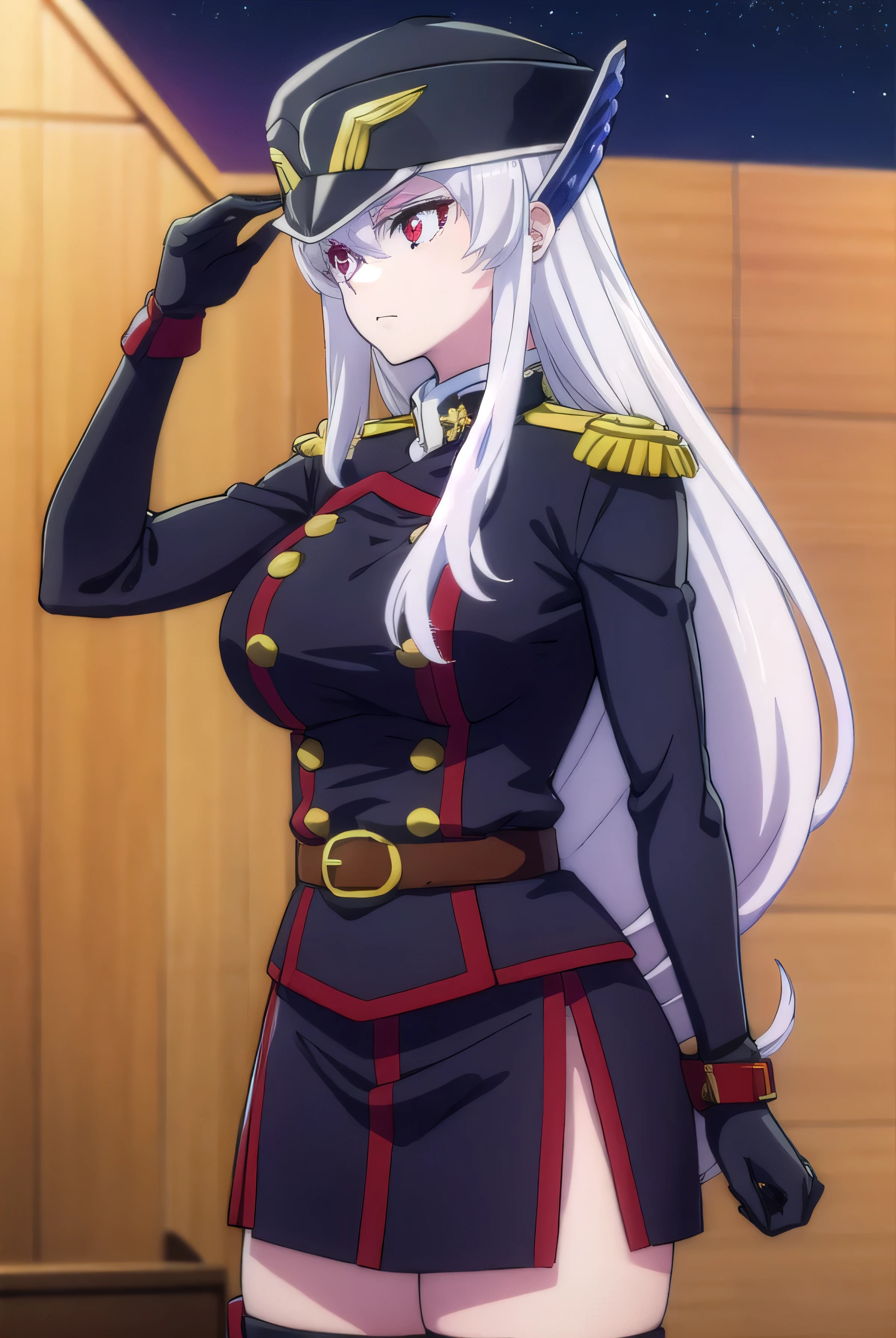 kyoukauzen, kyouka uzen, long hair, (red eyes:1.3), very long hair, white hair,
BREAK thighhighs, gloves, hat, boots, belt, sword, uniform, zettai ryouiki, military, military uniform, thigh boots, shako cap,
BREAK outdoors, space, starry sky, star \(sky\), moon,
BREAK looking at viewer, (cowboy shot:1.5),
BREAK (masterpiece:1.2), best quality, high resolution, unity 8k wallpaper, (illustration:0.8), (beautiful detailed eyes:1.6), extremely detailed face, perfect lighting, extremely detailed CG, (perfect hands, perfect anatomy),