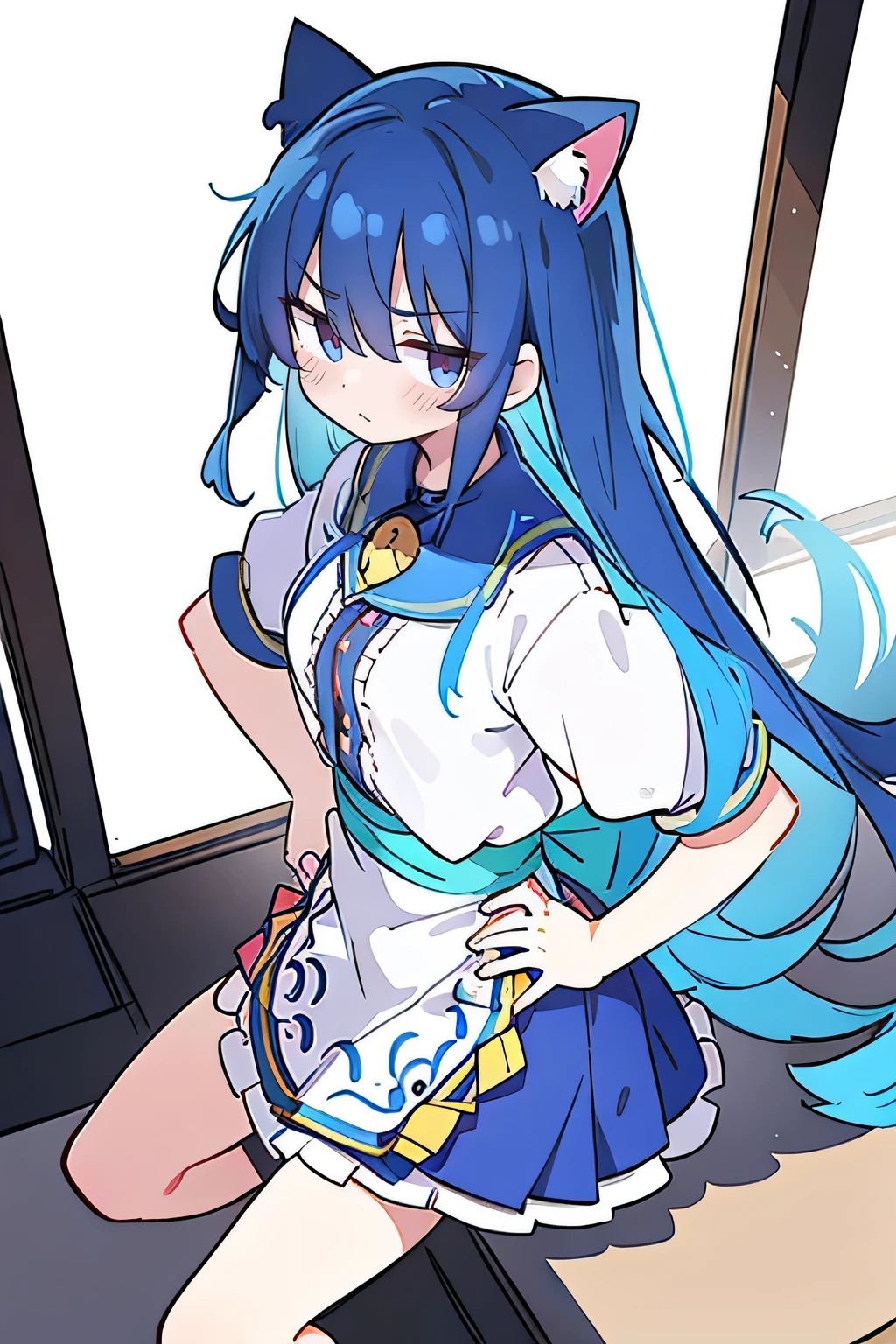 (masterpiece),best quality, expressive eyes, perfect face, 1girl,
Put your hands on your waist,fair, Gorgeous,Japanese cartoons,girl,lola,Hina Angel, blue hair, blue haired, floating clothes,Grab your waist, Grab your waist, hands on hips , hands on hips,sit, sit on ground, Legs on the ground, flat chest,cat ears,