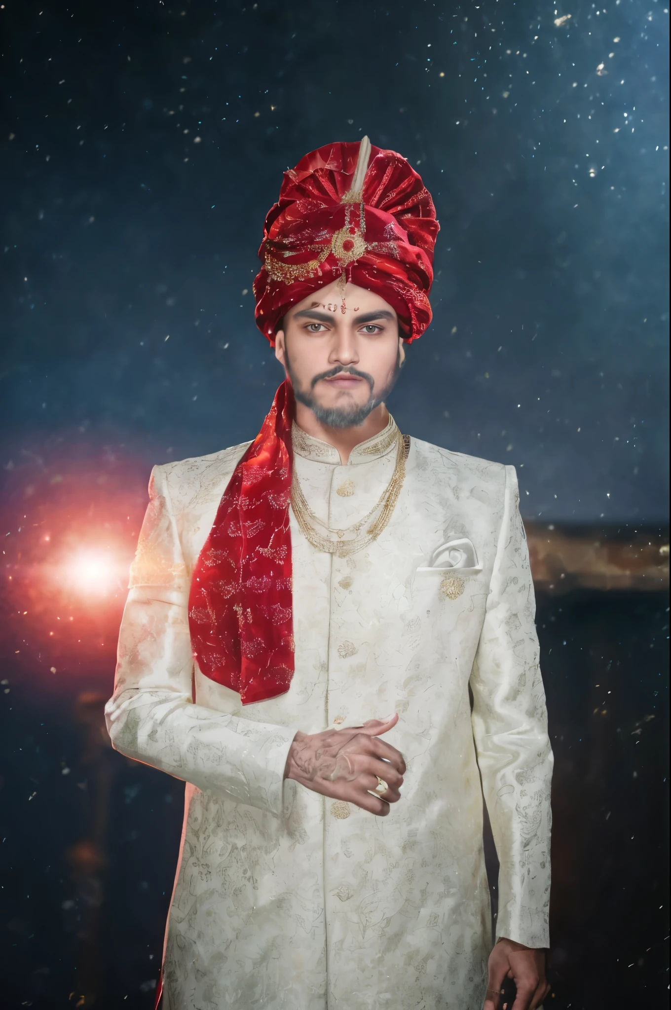 Front view symmetric portrait photo of a tall, stoic, stern::1, bearded, handsome man, wearing a long black ornate indian sherwani::3 suit, in a bright::2 opulent ballroom. Vivid yellow::2, amber, and blue bokeh::3 background. Full frame 85mm f/1.4 lens.