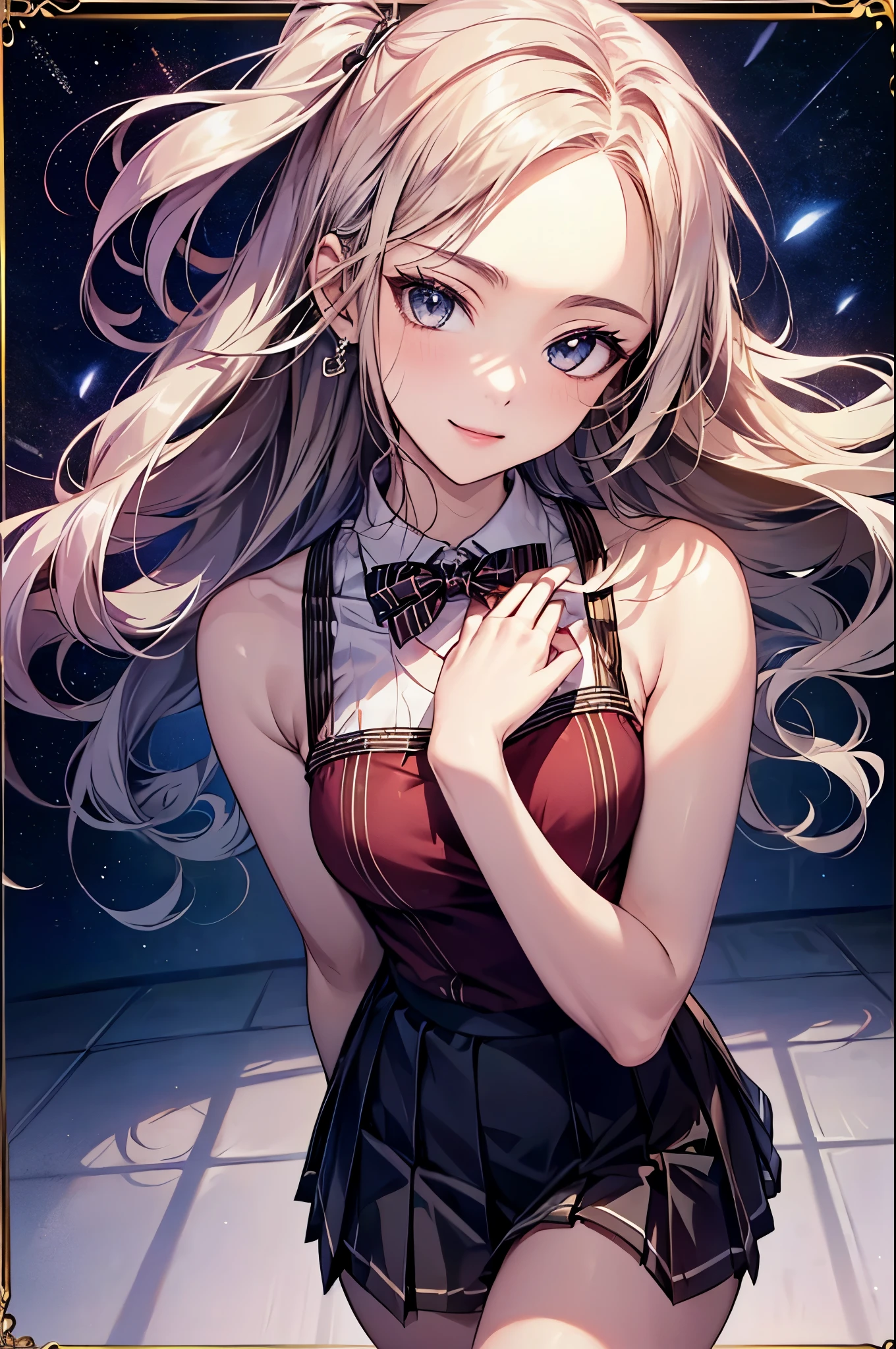 ((Biologically correct number of limbs))、(( Upper body photo including face))、4K、((standing position))、masterpiece、((focus on the face))、((Symmetrical facial features))、Eyes with detailed description、Beautiful woman、outstanding style、beautiful clavicle、beautiful legs、beautiful hands、slender body、(stockings、high heels)、Detailed depiction of faces、small earrings、necklace、(Sleeveless、Checkered block pleated skirt)、A bow tie、(((white frame photo)))、profile、sideways glance、smile、under the starry sky、cheerleader