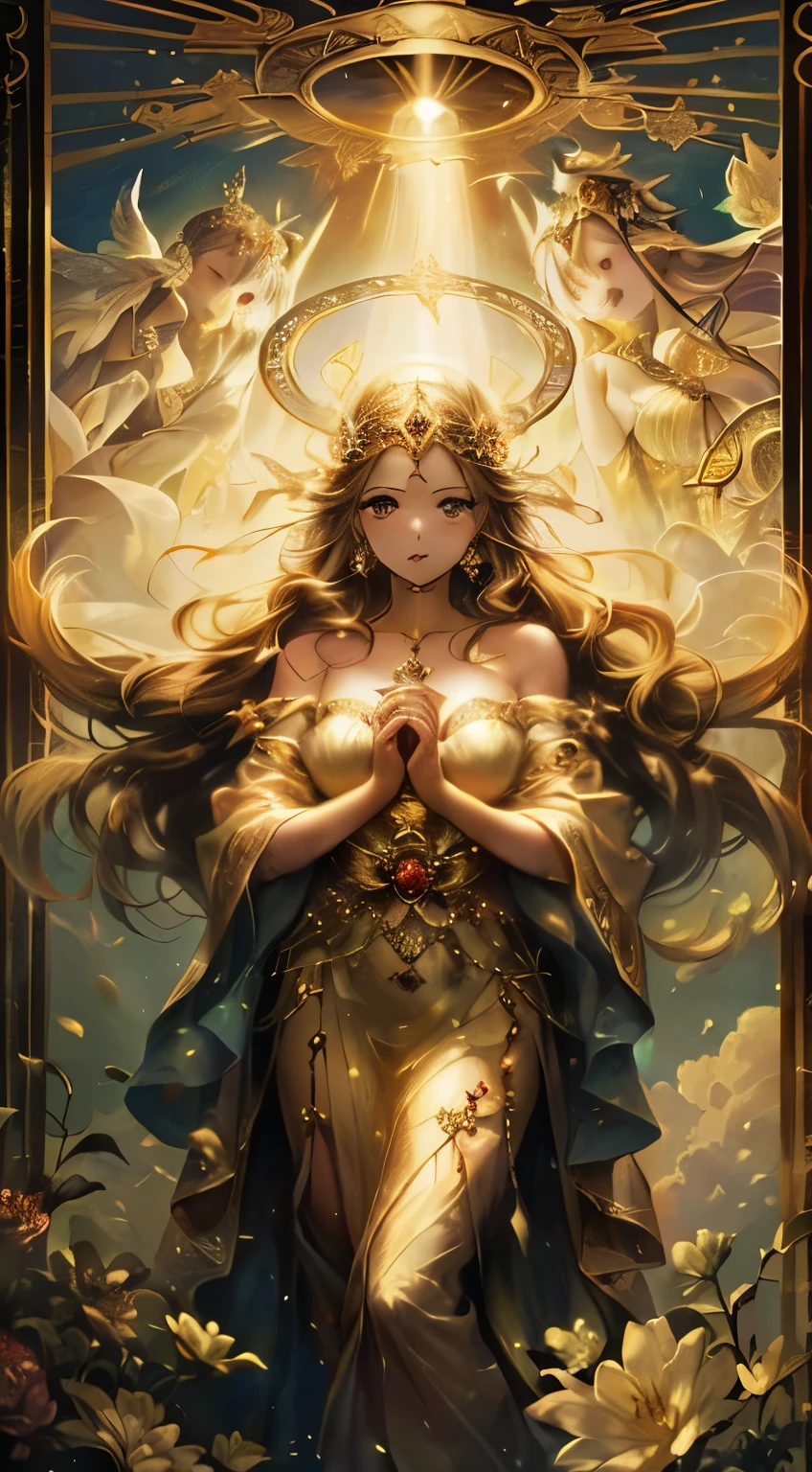 photograph,photographは王冠と天使を手に持っている女性を示しています, goddess. very detailed, goddessの見事な肖像画, レオのゴージャスなgoddess, germ of art ジュリー・ベル ビープル, art style, germ of art, 美しいgoddessの肖像画, beautiful fantasy empress, germ of art. anime illustration, goddessの肖像画,Breasts are sexier