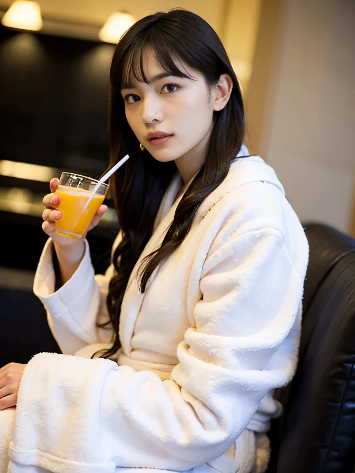 (table top, highest quality:1.4), beautiful face, 8K, 85mm, absurd, ((dark hotel bedroom))、((Wearing a white bathrobe:1.4))、 ((Full body shot:1.5))、((shot from below:1.4))、((udder of medium size,:1.4))、viola lace, gardenia, delicate girl, alone,(((length:1.5)))、((sitting on the sofa:1.4))、((drink juice through a straw:1.4))、night, looking at the viewer, Upper body, film grain, chromatic aberration, sharp focus, face light, professional lighting, Sophisticated, (he looked at me with a confused expression:1.4), (simple background, background bokeh:1.2), face、