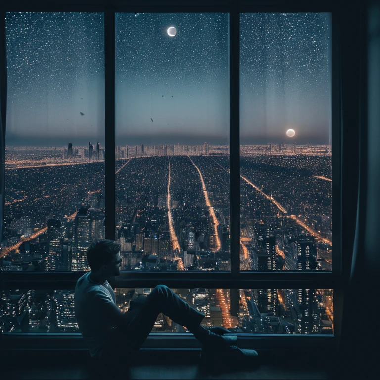 man,Sit on your knees.,on the window sill,Outside the window is a city view.,There are high-rise buildings.,The moon shines,There are stars,Night Time,Highly detailed images,4K