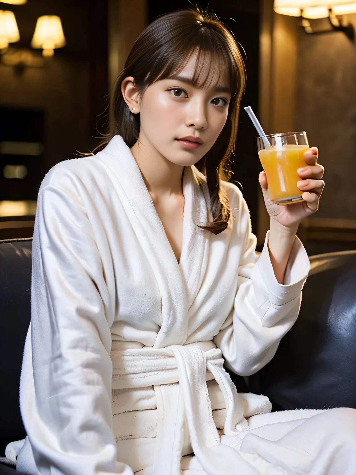 (table top, highest quality:1.4), beautiful face, 8K, 85mm, absurd, ((dark hotel bedroom))、((Wearing a white bathrobe:1.4))、 ((cowboy shot:1.5))、((shot from below:1.4))、((udder of medium size,:1.4))、viola lace, gardenia, delicate girl, alone,(((length:1.5)))、((sitting on the sofa:1.4))、((drink juice through a straw:1.4))、night, looking at the viewer, Upper body, film grain, chromatic aberration, sharp focus, face light, professional lighting, Sophisticated, (he looked at me with a confused expression:1.4), (simple background, background bokeh:1.2), face、