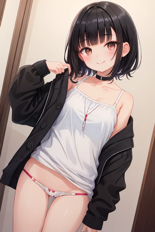 Trendy clothing,Trendy hairstyles,short bangs,black hair,highest quality,age,NSFW,Changing clothes,young girl,smile,