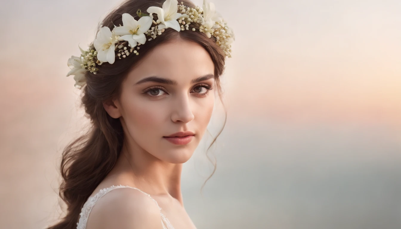 Arabic style image of a woman in a white dress with flowers in her hair, Fantastic still images, Incredibly fantastic, mysterious beauty, soft portrait shot 8k, very fantastic, Dreamy and fantastical, fantastic fairy tale, ivory white skin, pale ivory skin, amazing young graceful person, white and beautiful skin, ～Highly detailed VFX portrait of, fantastic and dreamy