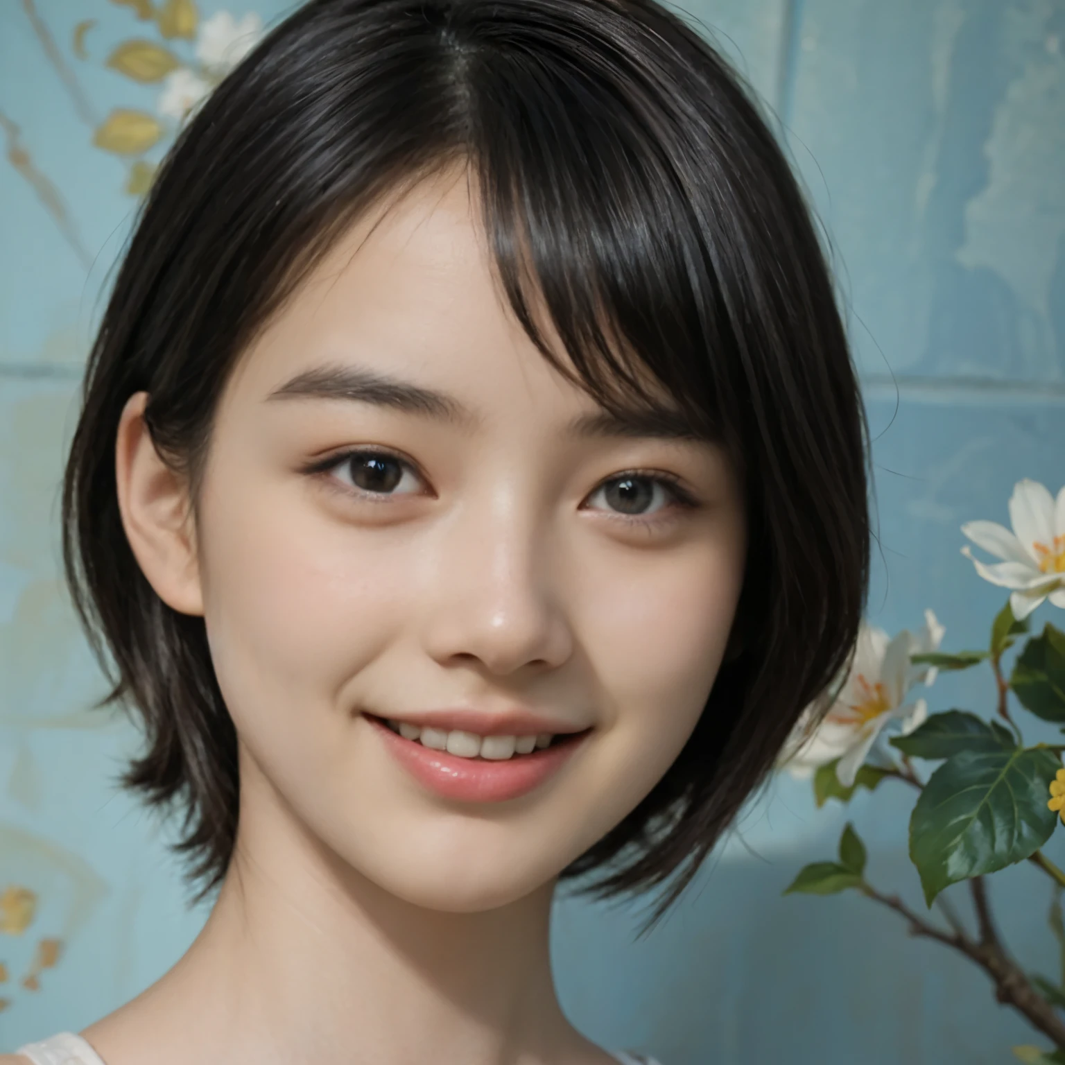 (A hyper-realistic), (illustration), (hight resolution), (8K), (highly detailed), (The best illustrations), (detailed face), (beautiful detailed eyes), (top-quality), (masterpiece), (wall-paper), Upper body close-up, short hair,inner colored, solo, Girl in simple blue underwear, plump breasts, smile
