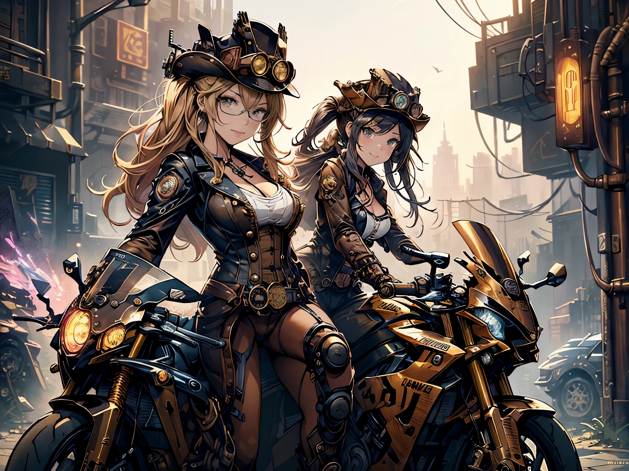 (comic book style),(line drawing_anime),(cowboy shot, highest quality, ),(Laura Budd Photos:1.2),(Laura Add Details:1.0),8K, flat color:0.8,dynamic angle,1 girl,smile、(On a steampunk motorcycle:1.5)、An elaborately decorated motorcycle、(Highly decorative and complex mechanical steampunk fashion, lace flare dolphin hat、goggles 1.5、machinery background、Gear background、Intricately mechanized steampunk cityscape 1.5),