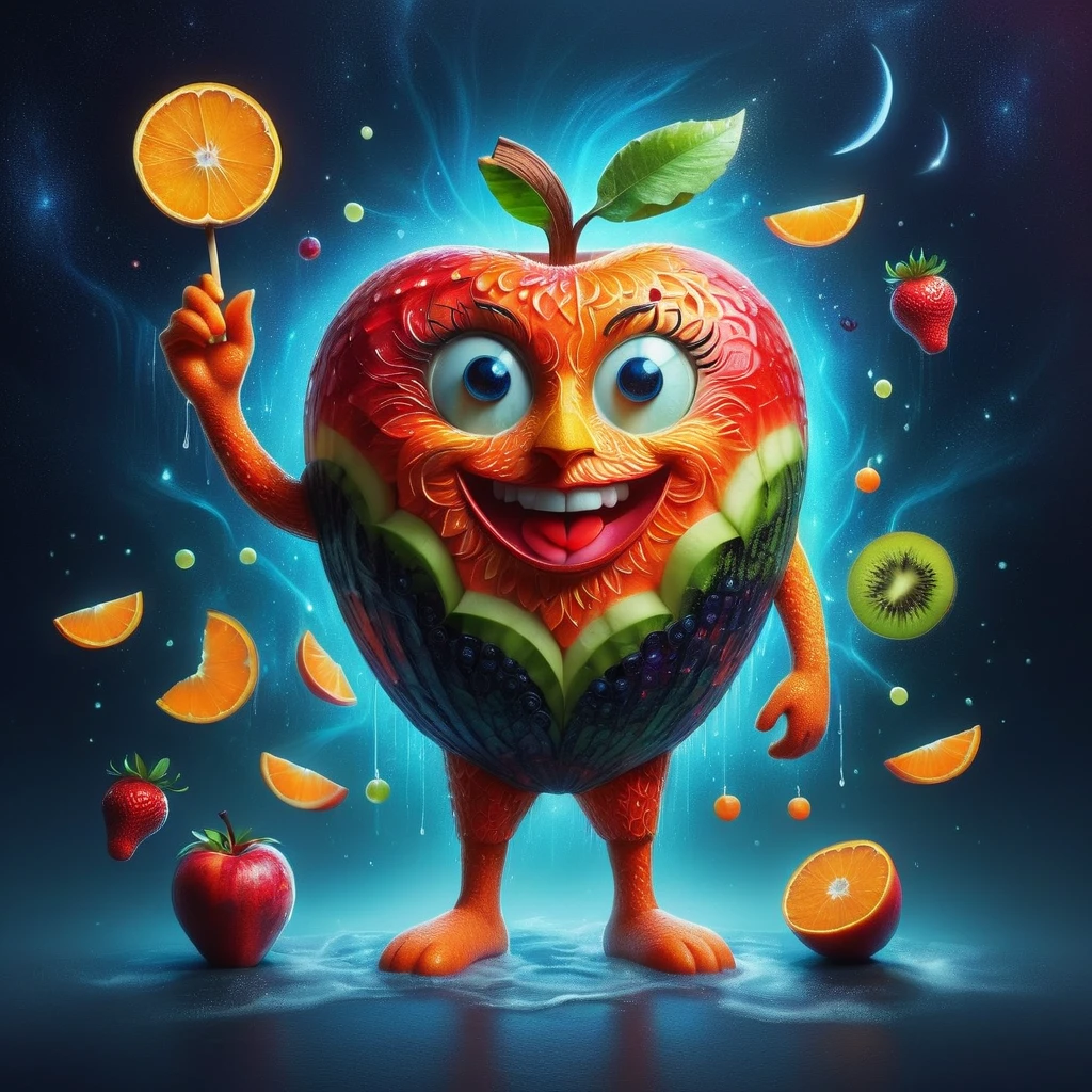 Imaginative depictions of characters made entirely of fruit pulp，The character is standing upright in a casual pose，Maybe one hand holding an apple，Body made of orange，watermelon，kiwi，Strawberries and other colorful fruit slices，A rainbow-like mosaic effect，The face is detailed and expressive，Elegantly shaped with tangerine peel and blueberry eyes，(The background depicts a convenience store at midnight:1.8)，(Bathed in the grey fog of the quiet night), (master level:1.2), Super details, Realistic, (Photorealism:1.3), first-person view, UHD, masterpiece, ccurate, anatomically correct, super detail, best quality, 8k