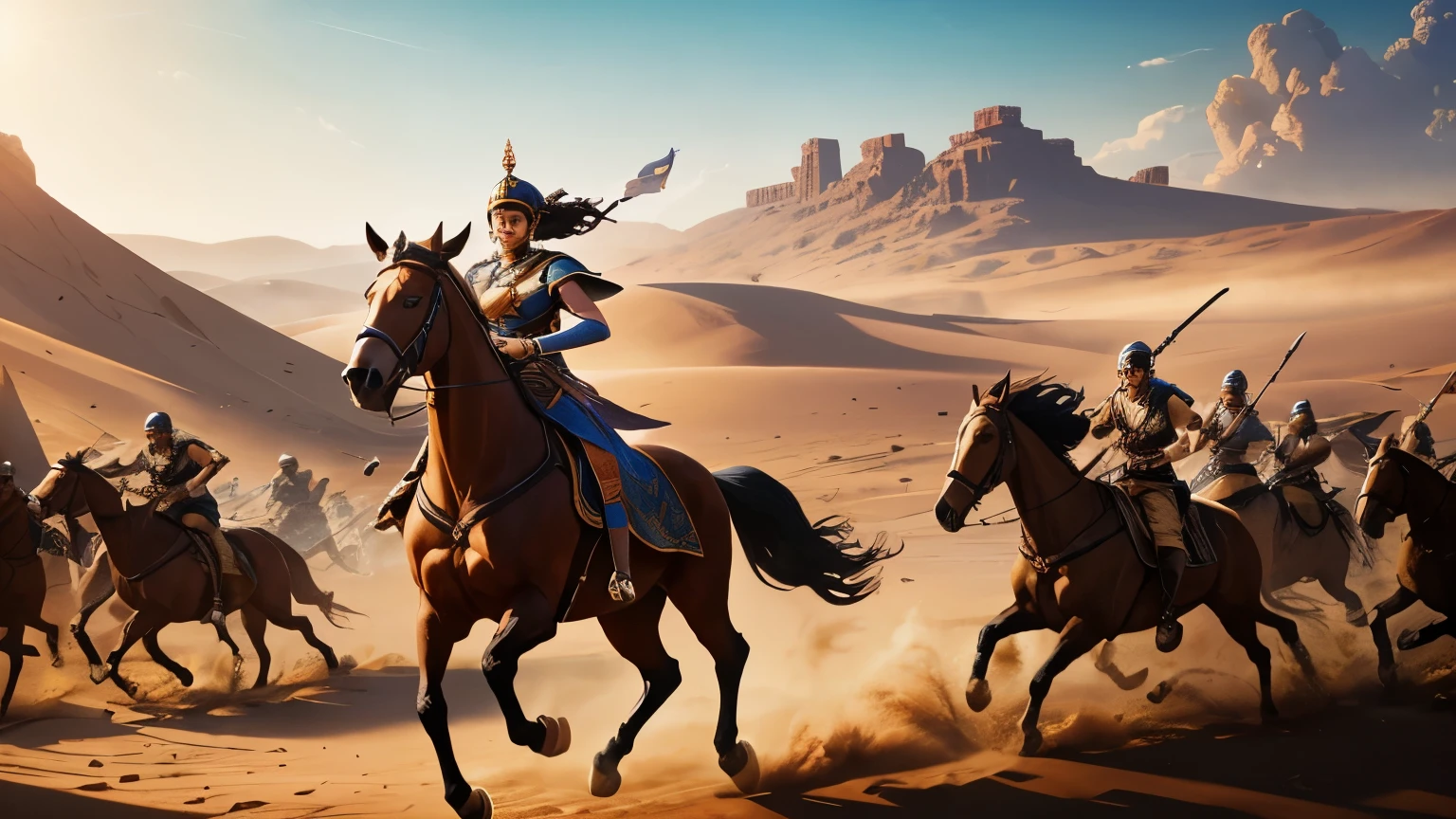 Craft an authentic depiction of Zenobia leading her cavalry charge against the Roman legions, the dust of the desert battlefield swirling around her as she brandishes her spear high in the air, inspiring her troops to victory