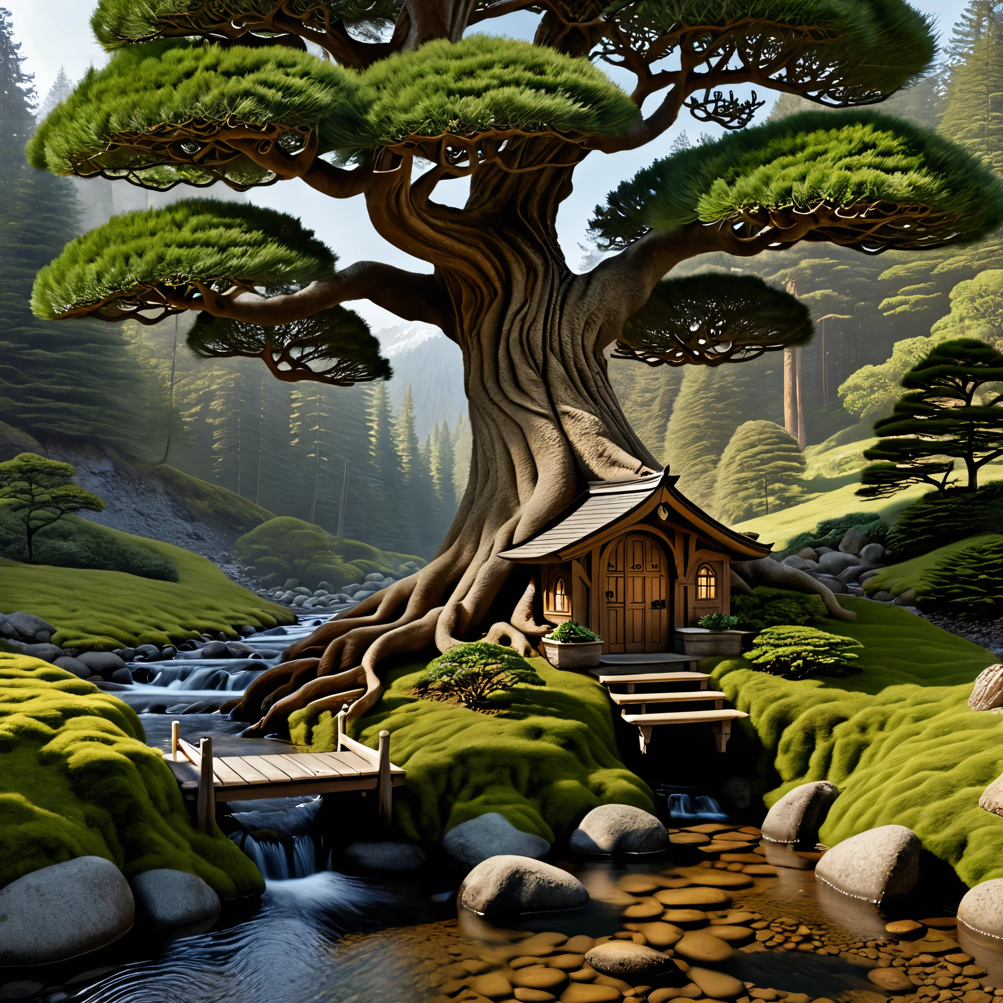 A giant bonsai tree rooted in a mountain forest near a stream. A door at the base of the tree and a few windows among the trunk going up. The Keebler elves are moving in. photorealistic