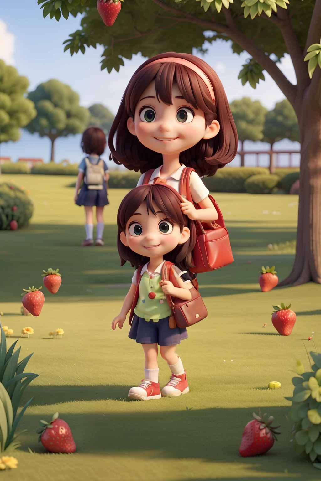three girls, Smile, There are strawberries，Carrying a schoolbag on the grass,evoke depth